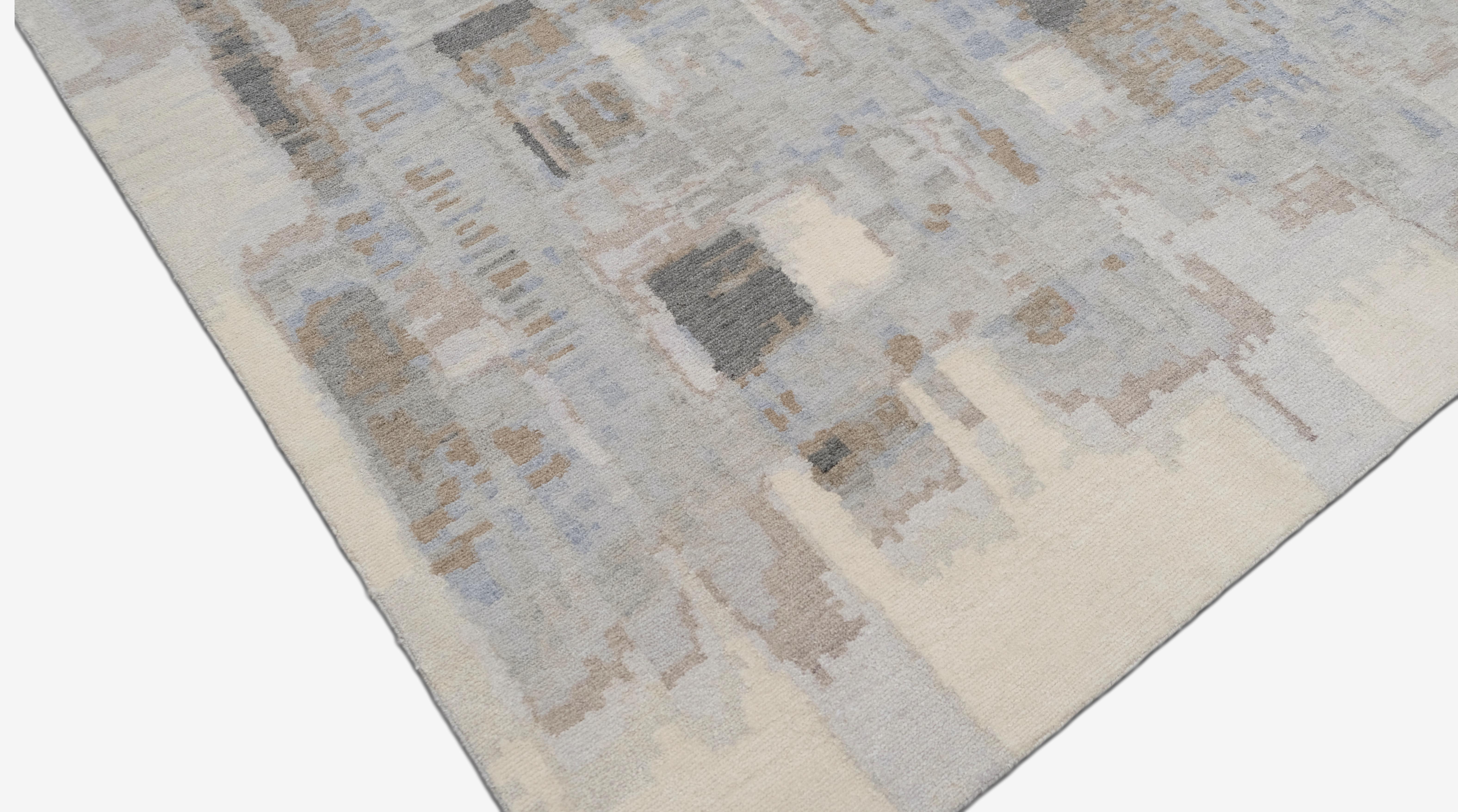 Moderner geometrischer Teppich aus Wolle und Seide in Weichgrün und Blau 8'10''x12' im Zustand „Neu“ im Angebot in Torrance, CA
