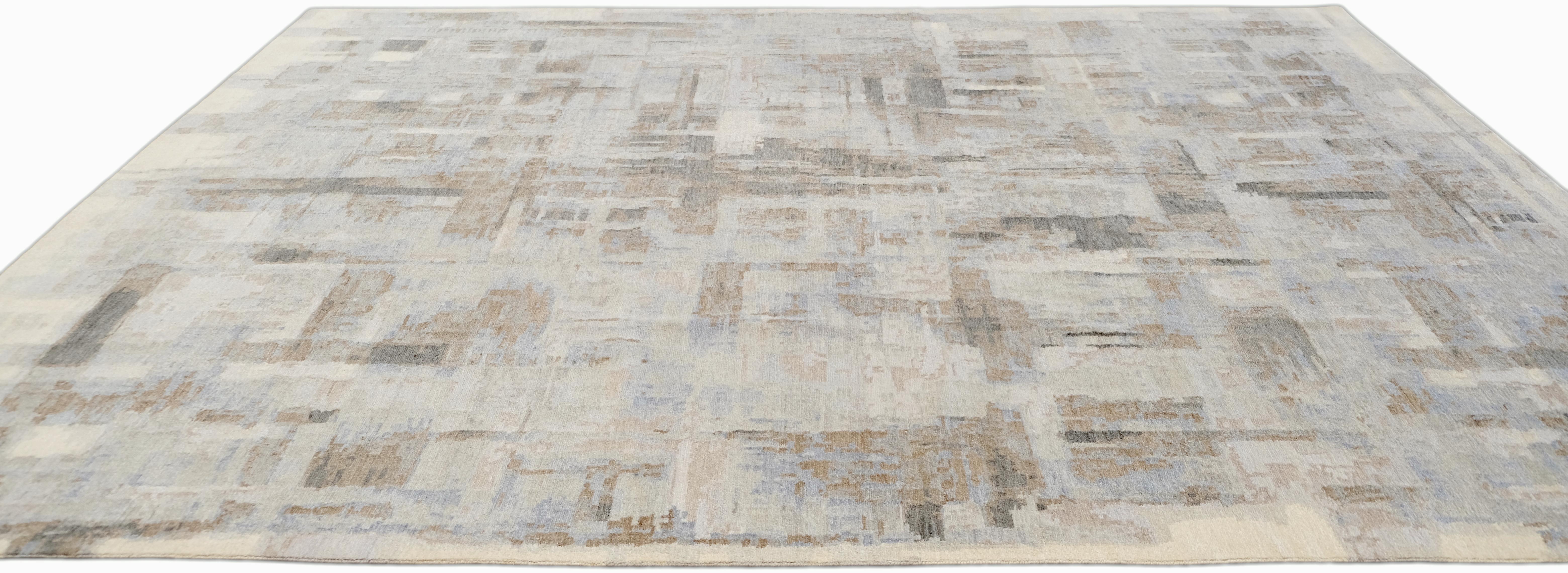 Moderner geometrischer Teppich aus Wolle und Seide in Weichgrün und Blau 8'10''x12' (21. Jahrhundert und zeitgenössisch) im Angebot