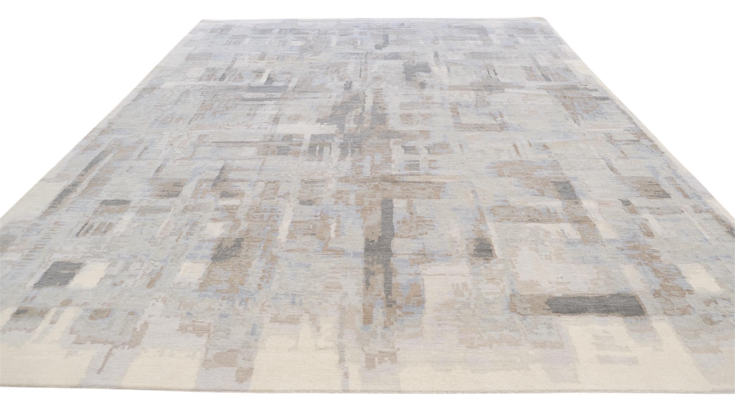 Moderner geometrischer Teppich aus Wolle und Seide in Weichgrün und Blau 8'10''x12' im Angebot 1