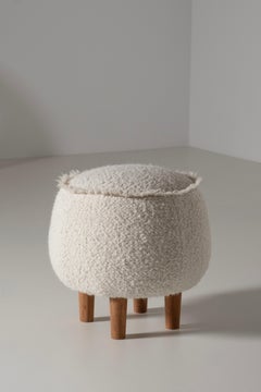 Modern Soft Light Grey Boucle and Sapelly Pouf Ottoman, Handmade By Greenapple