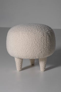 Modern Soft White Cotton and Wool Boucle Pouf Ottoman, Handmade by Greenapple