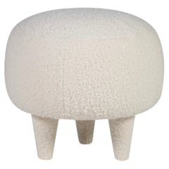 Modern Soft White Cotton and Wool Boucle Pouf Ottoman, Handmade by Greenapple
