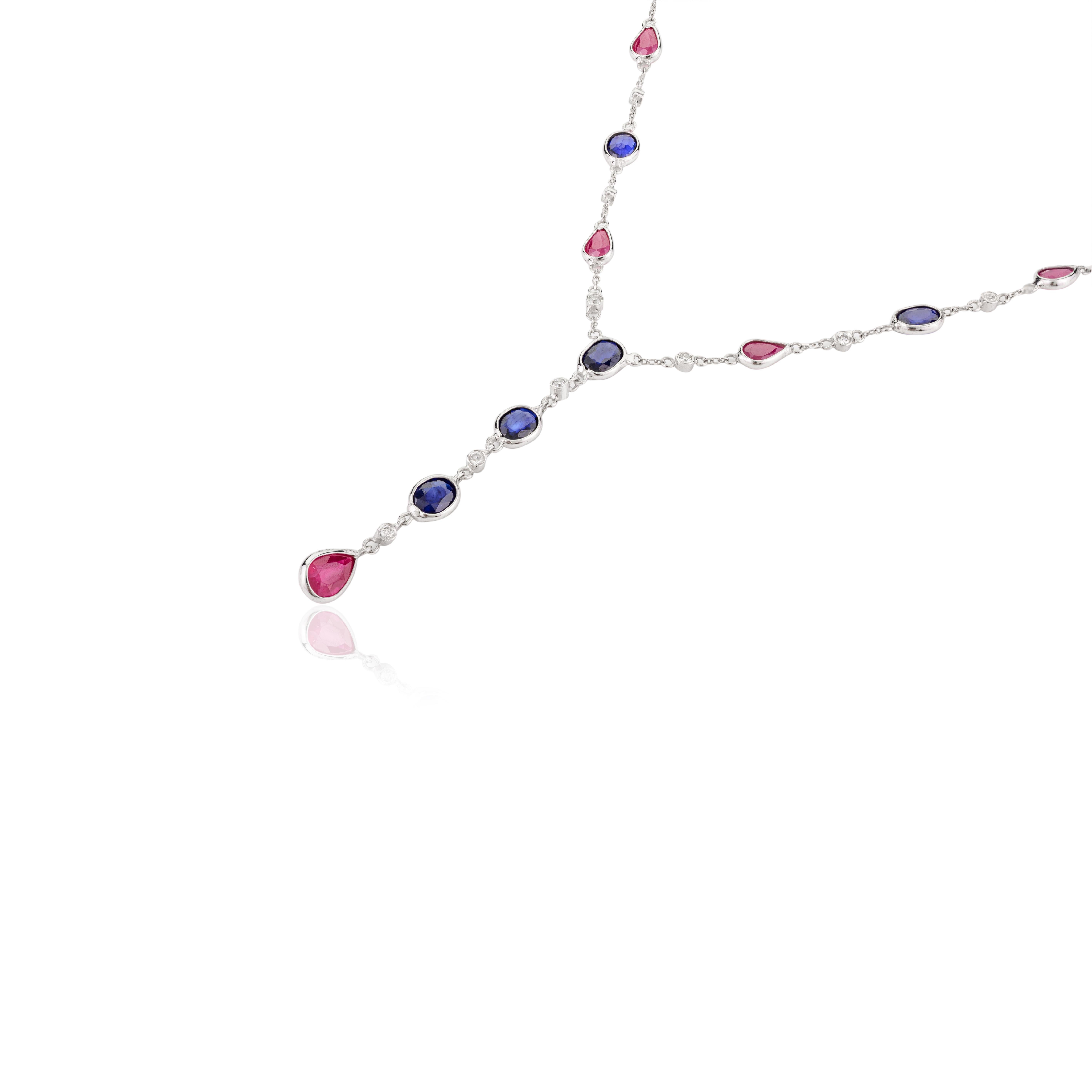 Art Déco Moderna collana a catena a Y in oro bianco massiccio 18 carati con zaffiro blu e rubino per la fidanzata in vendita