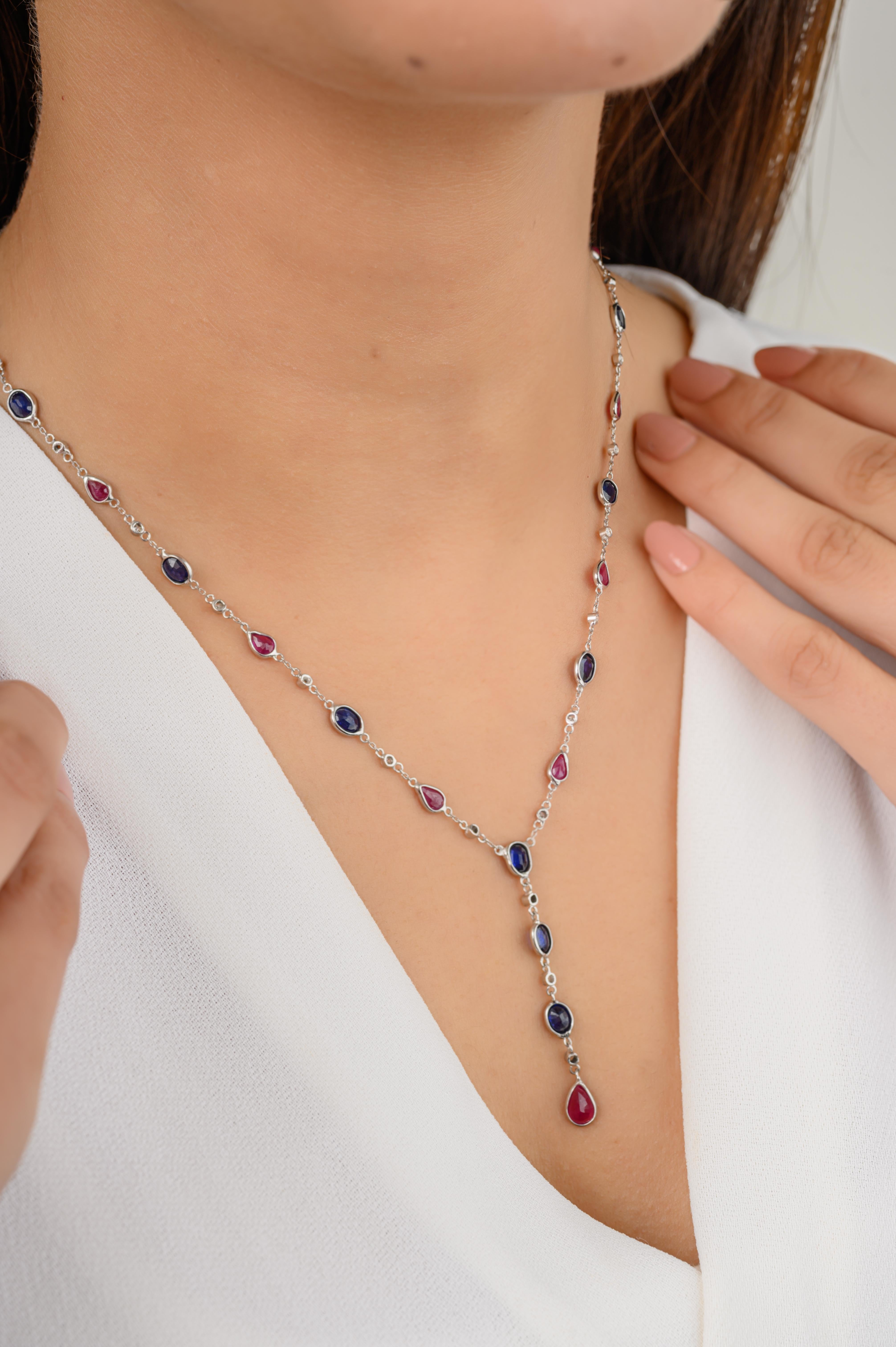 Moderna collana a catena a Y in oro bianco massiccio 18 carati con zaffiro blu e rubino per la fidanzata In condizioni Nuovo in vendita a New York, NY