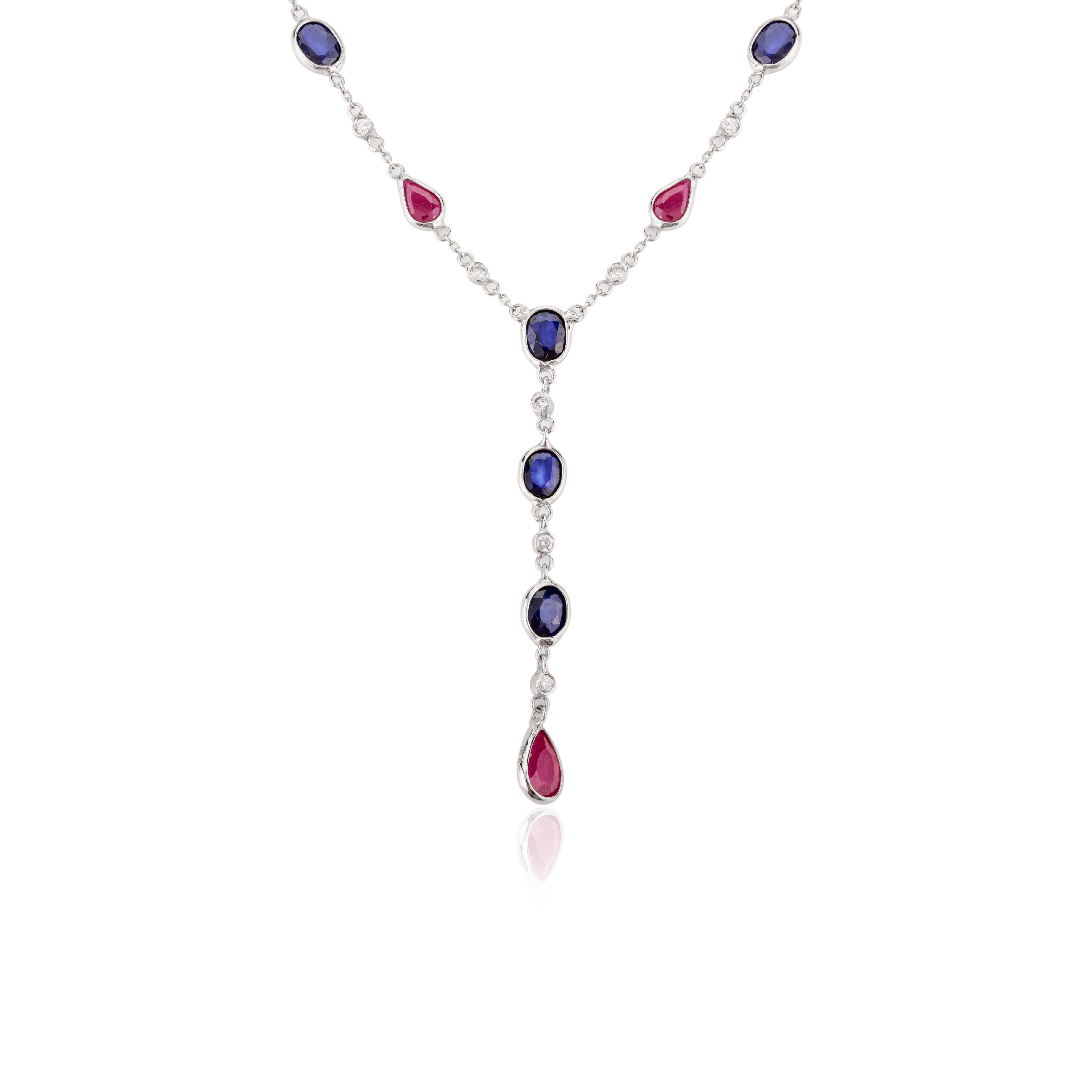 Donna Moderna collana a catena a Y in oro bianco massiccio 18 carati con zaffiro blu e rubino per la fidanzata in vendita