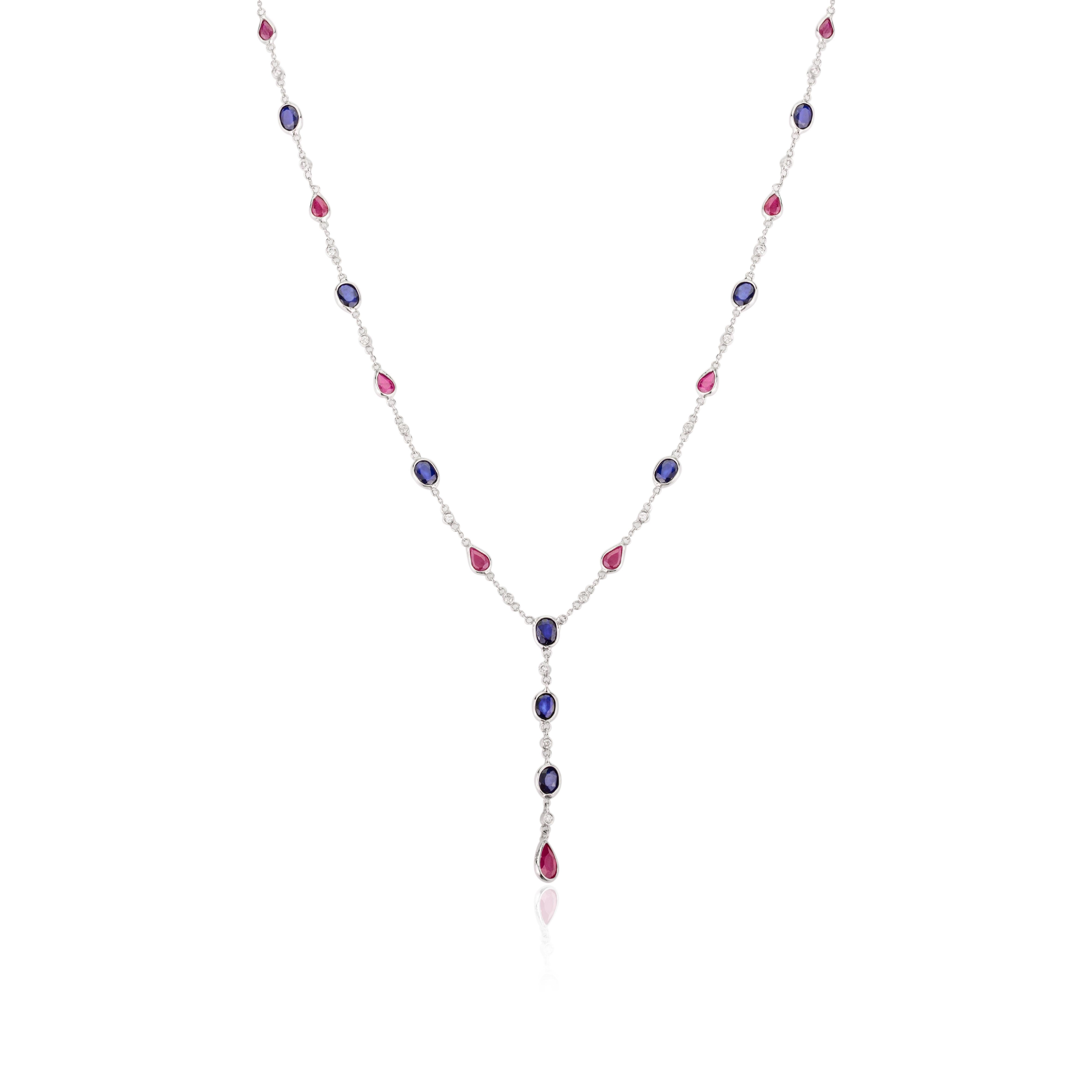 Moderna collana a catena a Y in oro bianco massiccio 18 carati con zaffiro blu e rubino per la fidanzata in vendita 1
