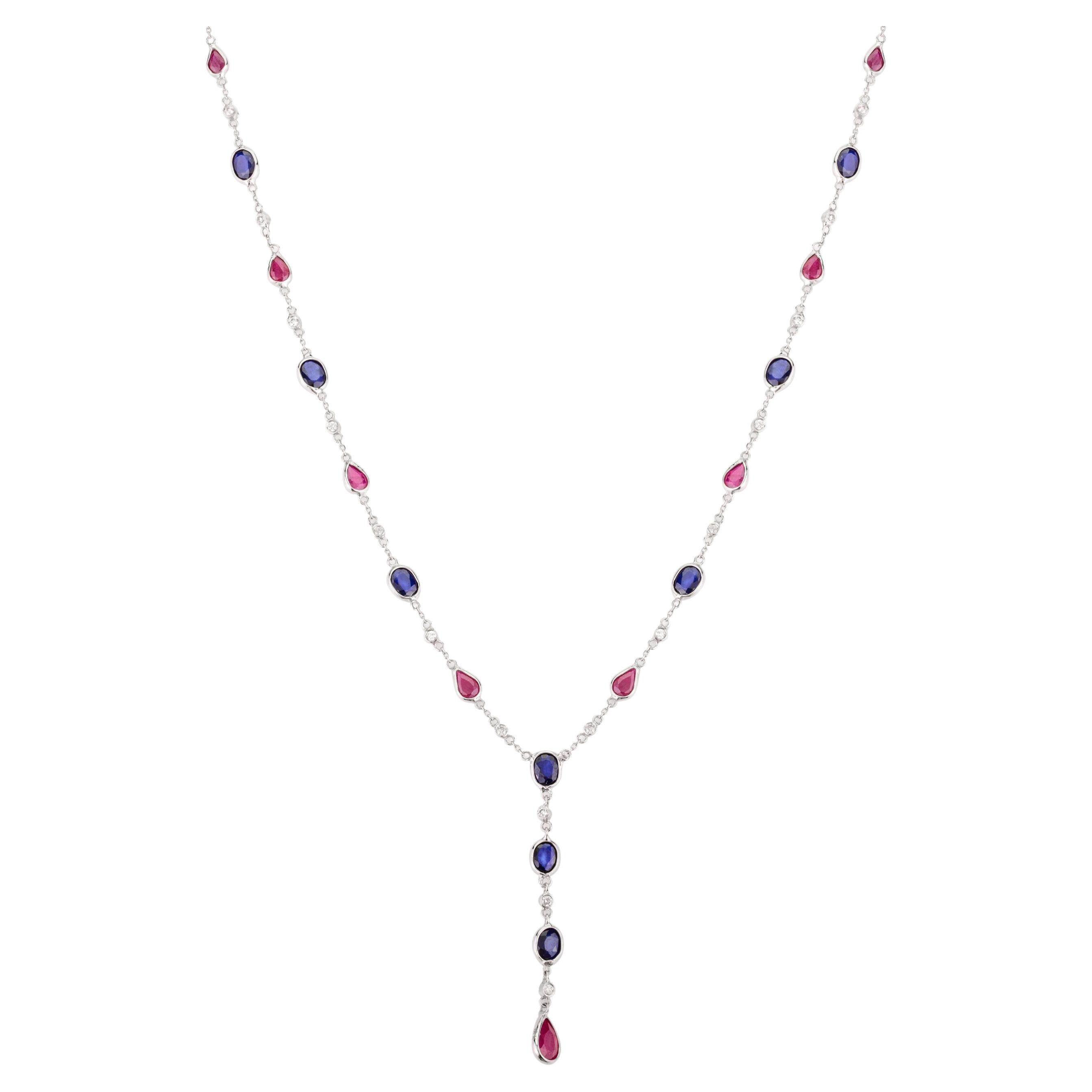 Modern Solid 18k White Gold Blue Sapphire Ruby Y Chain Necklace for Girlfriend