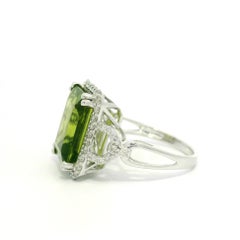 Modern Solid White Gold 7ctw Emerald Cut Peridot & Diamond Open Work Ring