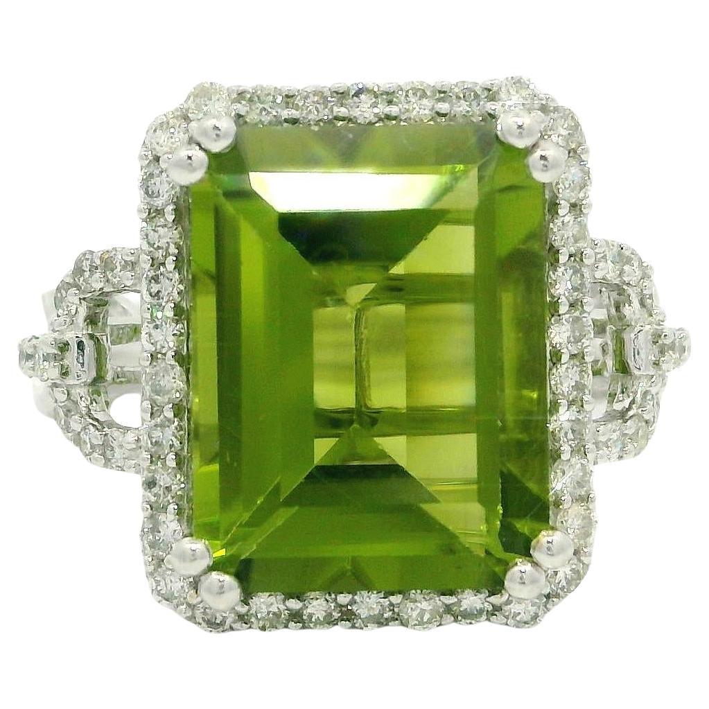 Modern Solid White Gold 7ctw Emerald Cut Peridot & Diamond Open Work Ring