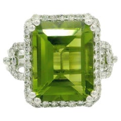 Modern Solid White Gold 7ctw Emerald Cut Peridot & Diamond Open Work Ring