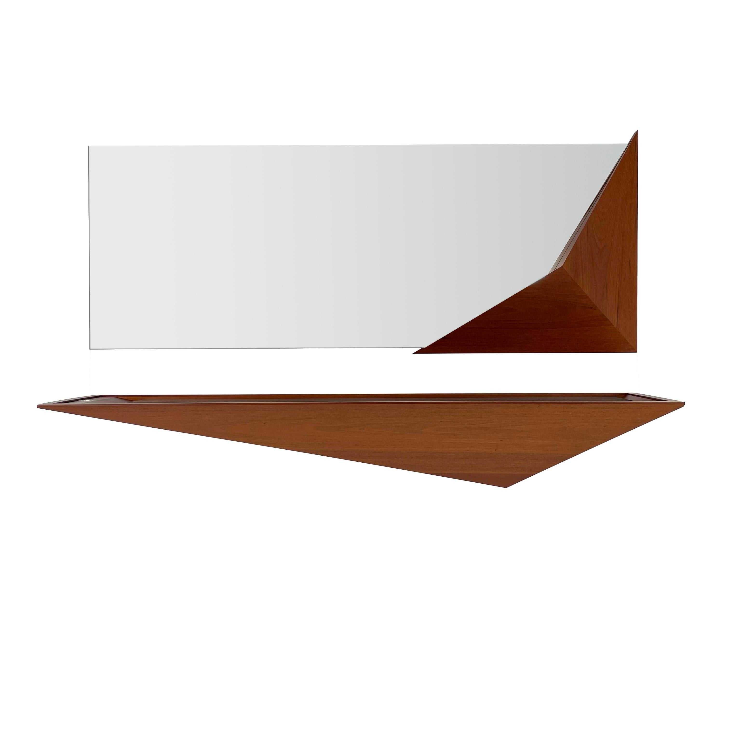 Modern solid wood and glass entry mirror station by Pierre Sarkis from Valentina Collection. Inspired in the Origami Folds theory. Finding in basic geometry meaning of life, truth and beauty. Mirror station for halls and lobbies, sandblast glass