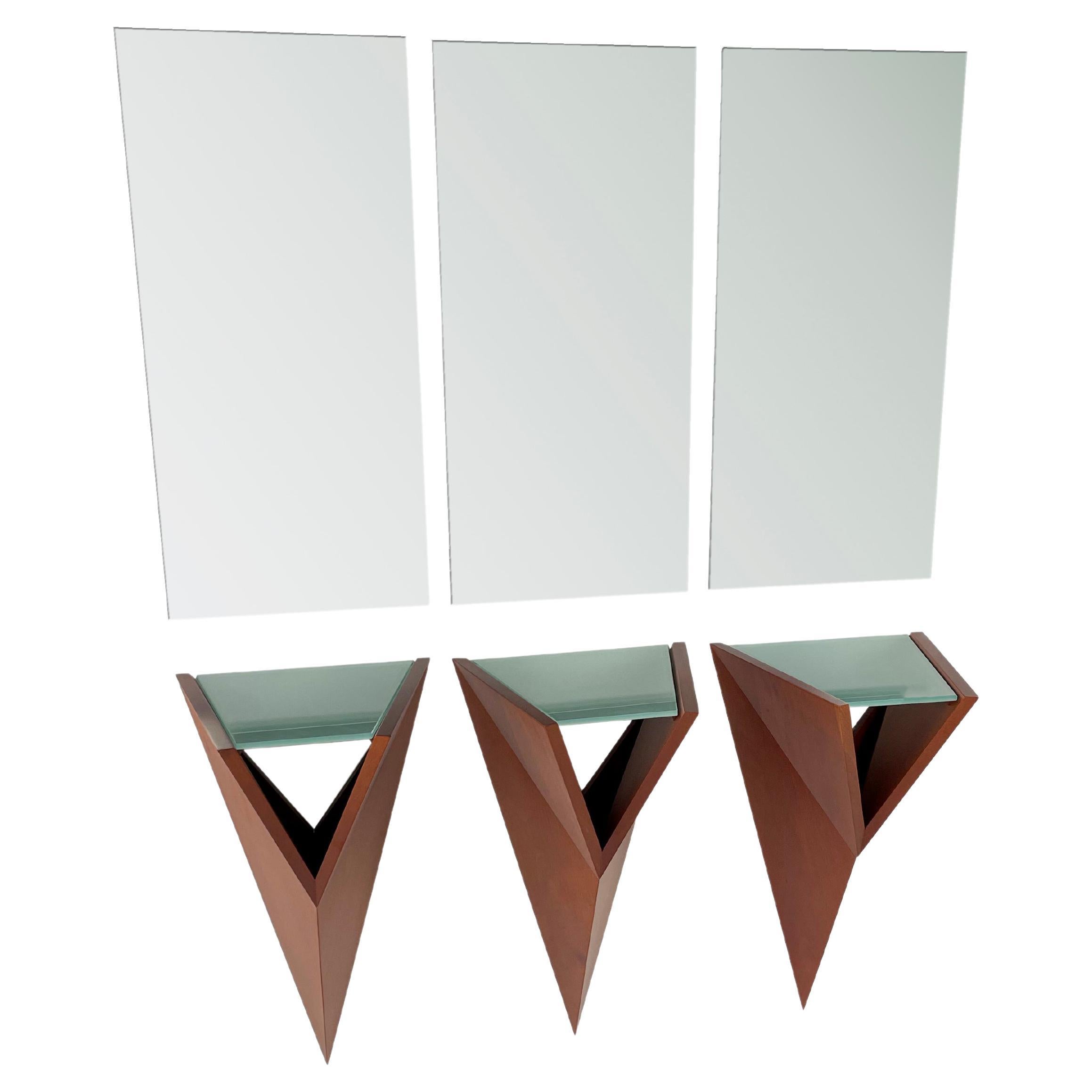 Modern Solid Wood and Glass Entry Mirror Console by Pierre Sarkis For Sale