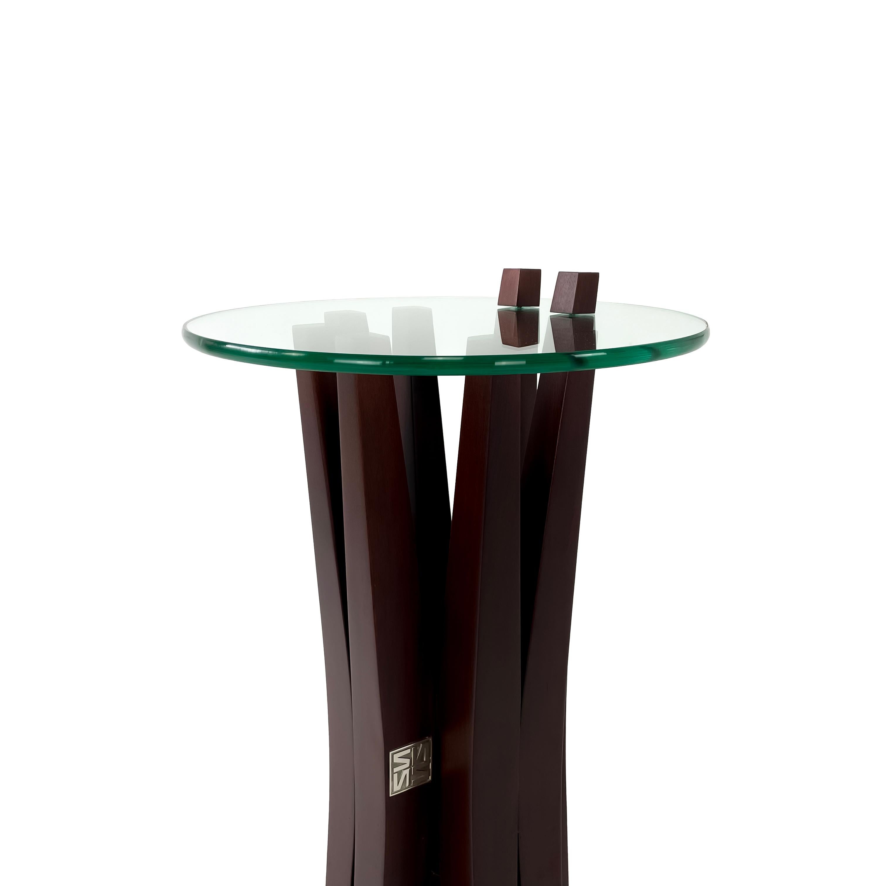 Tempered Modern Solid Wood and Glass Pedestal Table by Pierre Sarkis For Sale