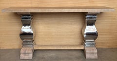 Modern Solid Wood Dining Table with Sculptural Polished Metal Pedestal Bases