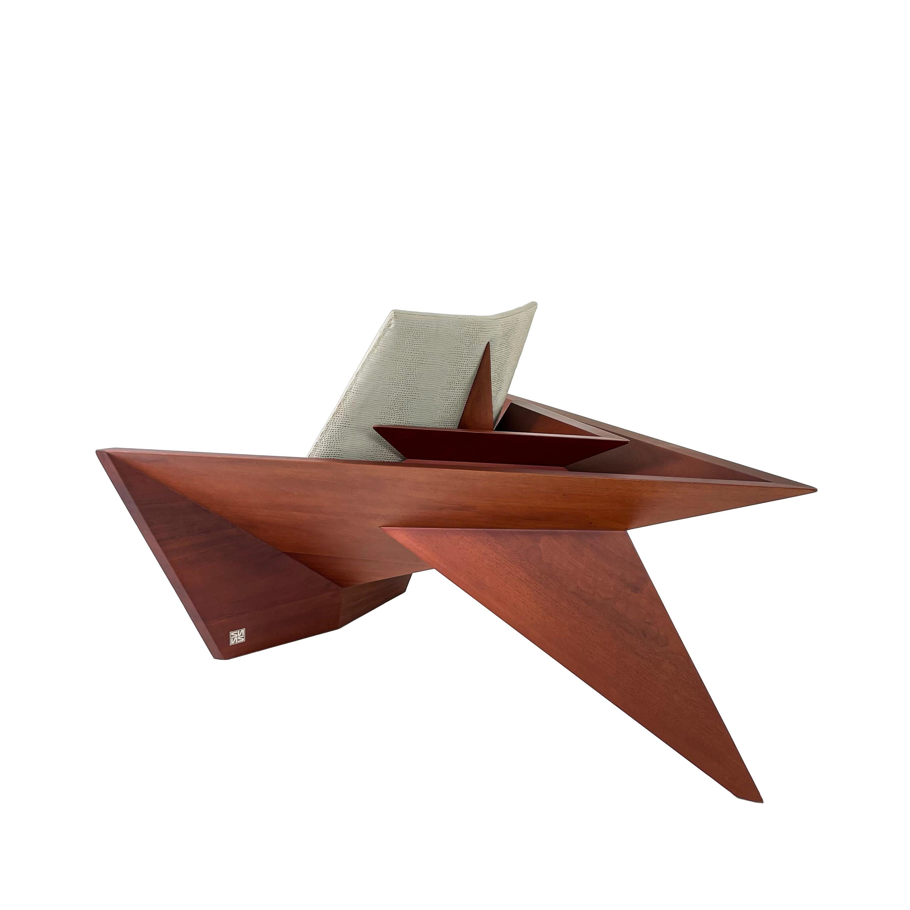 Modern Solid Wood lounge chairs by Pierre Sarkis from Valentina Collection. Inspired in the Origami Folds theory, finding in basic geometry meaning of life, truth and beauty. Unique and comfortable chair for luxury lounges. Two lounge chairs