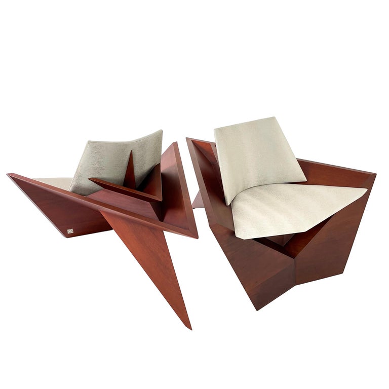 Hand-Crafted Modern Solid Wood Lounge Chairs by Pierre Sarkis For Sale
