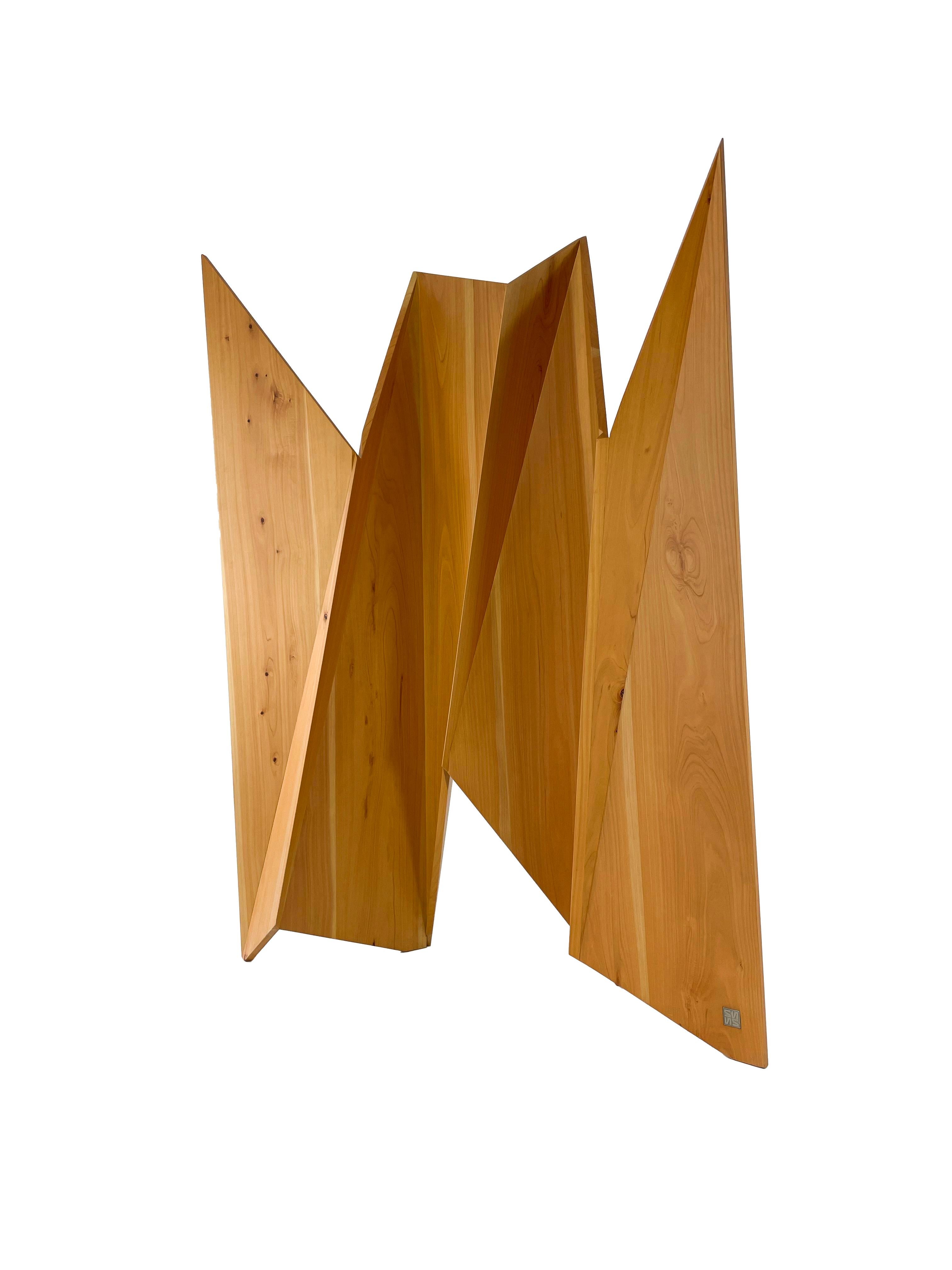 Modern Solid Wood Sculpture screen by Pierre Sarkis from Valentina Collection. Inspired in the Origami folds theory, finding in basic geometry meaning of life, truth and beauty. Artistic wooden screen a great option for open lobby halls or living