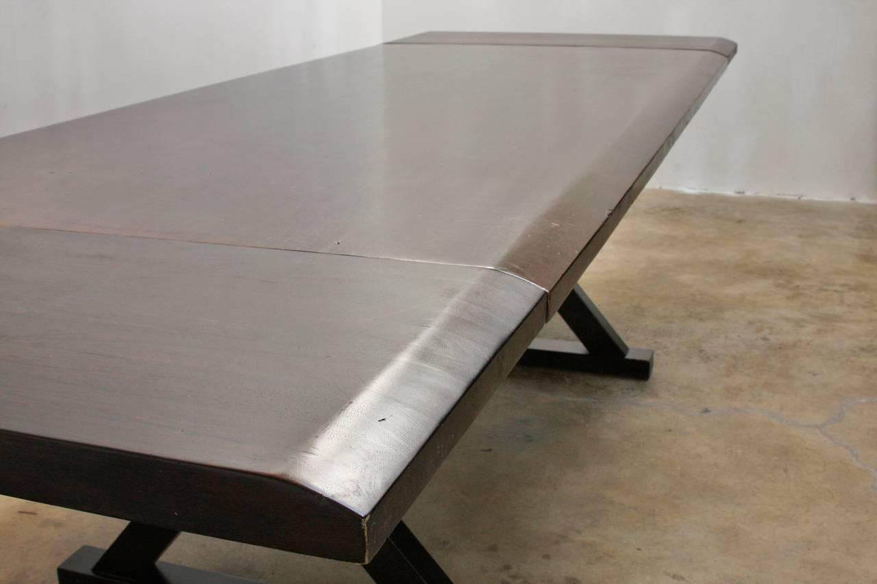 Modern Solid Wood Trestle Dining Table with X-Base Legs In Good Condition In Rio Vista, CA