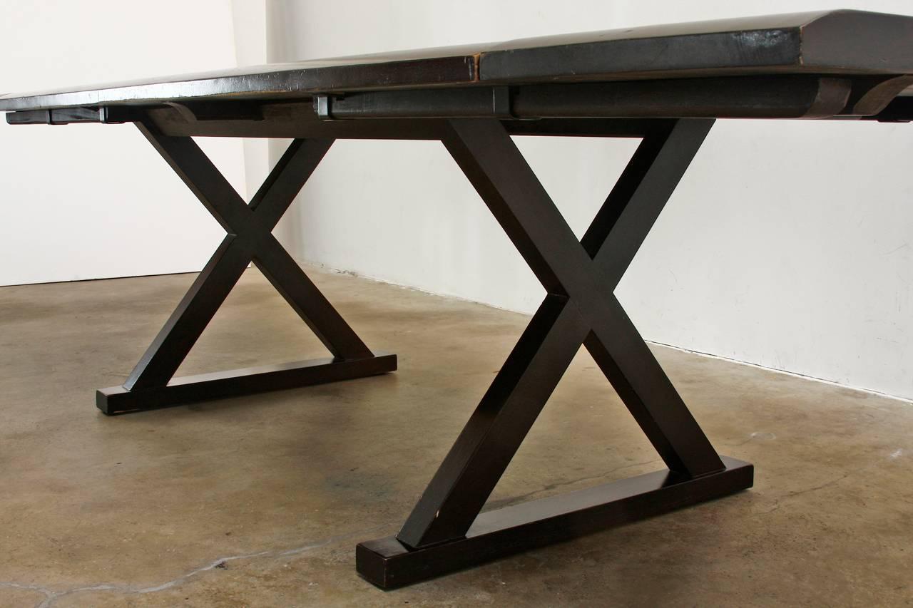 20th Century Modern Solid Wood Trestle Dining Table with X-Base Legs