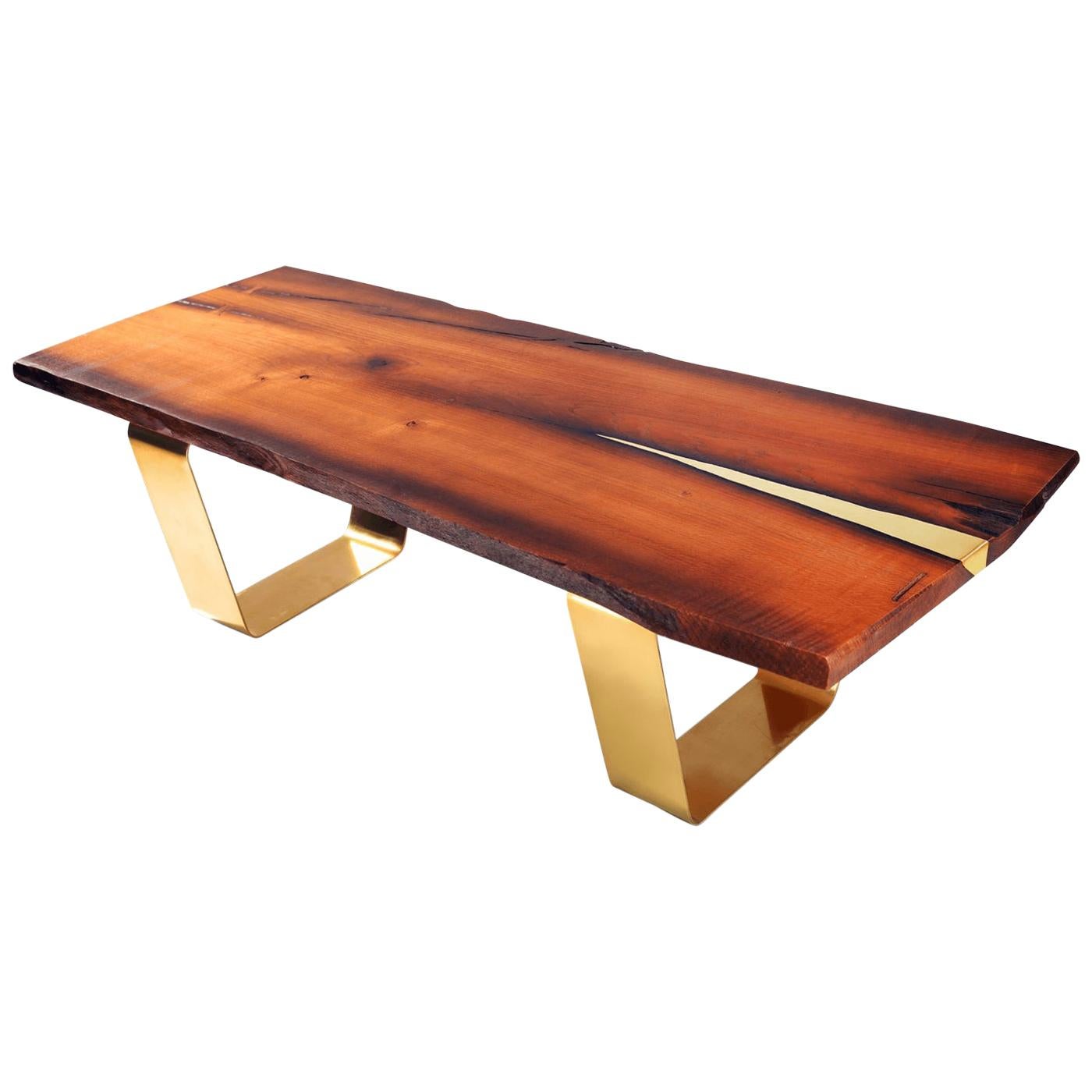 Modern Solid Wooden Coffee Table with Brass Inlay and Brass Legs