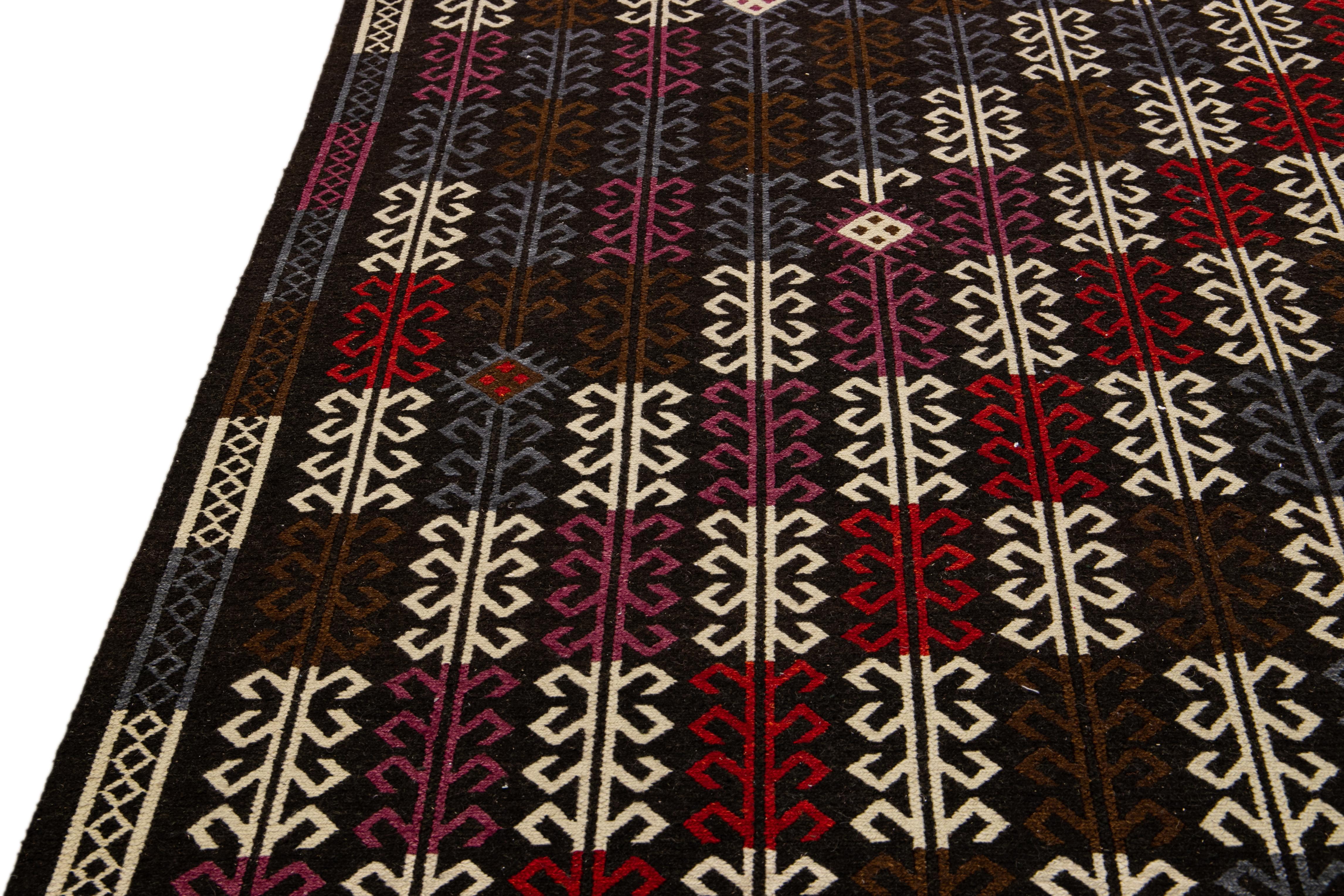 Modern Soumak Handmade Geometric Designed Brown Wool Rug For Sale 3