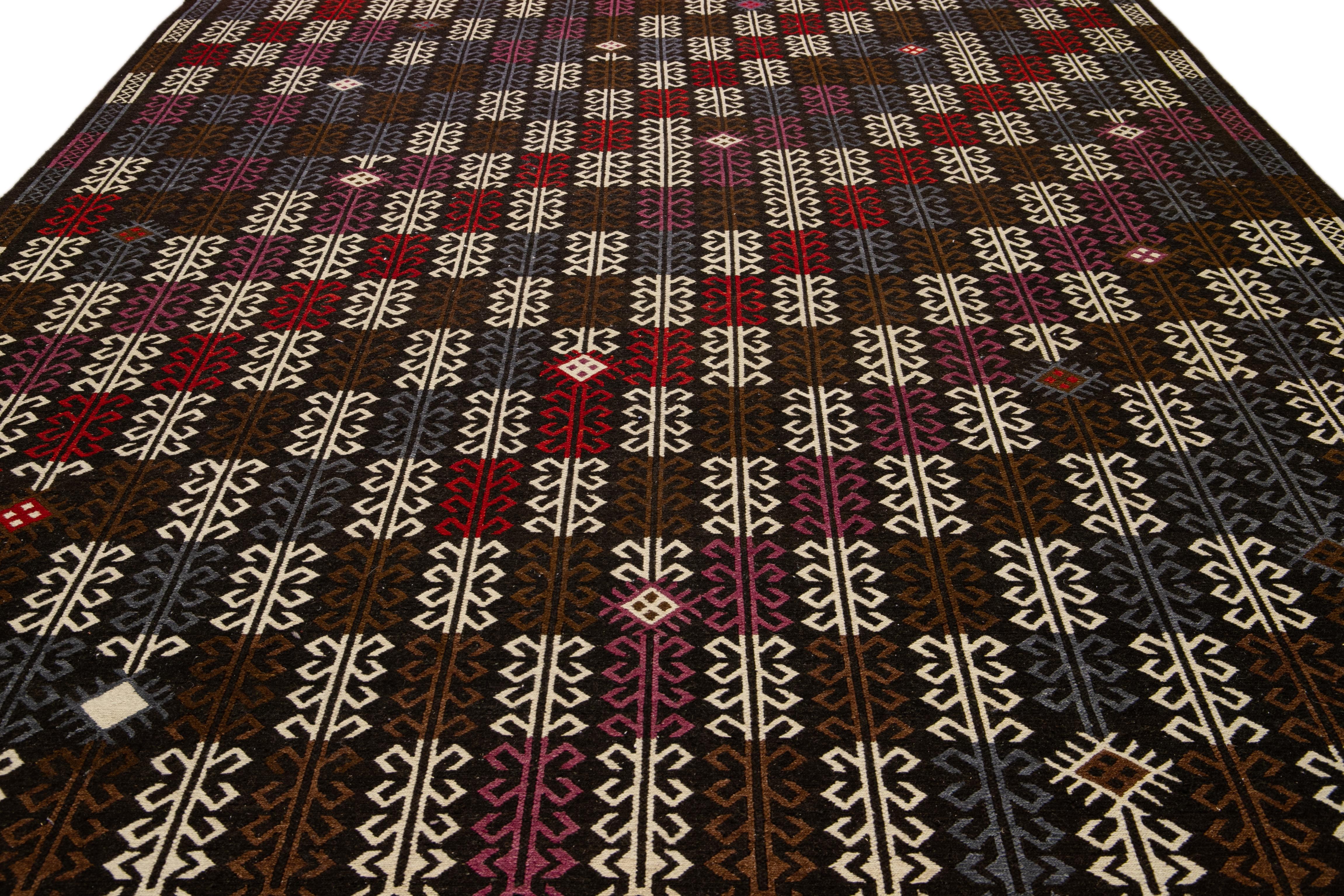 Mid-Century Modern Modern Soumak Handmade Geometric Designed Brown Wool Rug For Sale