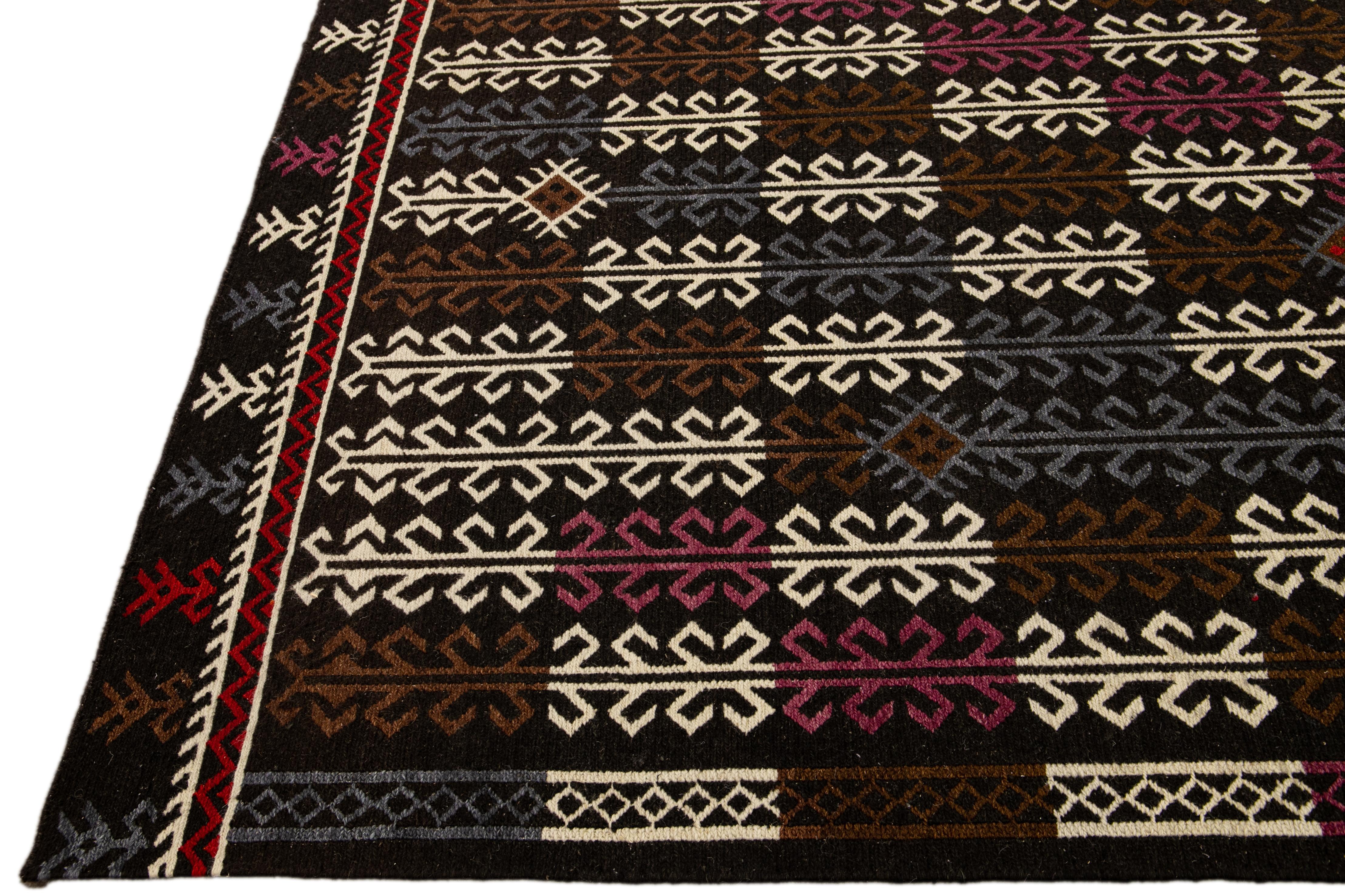 Indian Modern Soumak Handmade Geometric Designed Brown Wool Rug For Sale