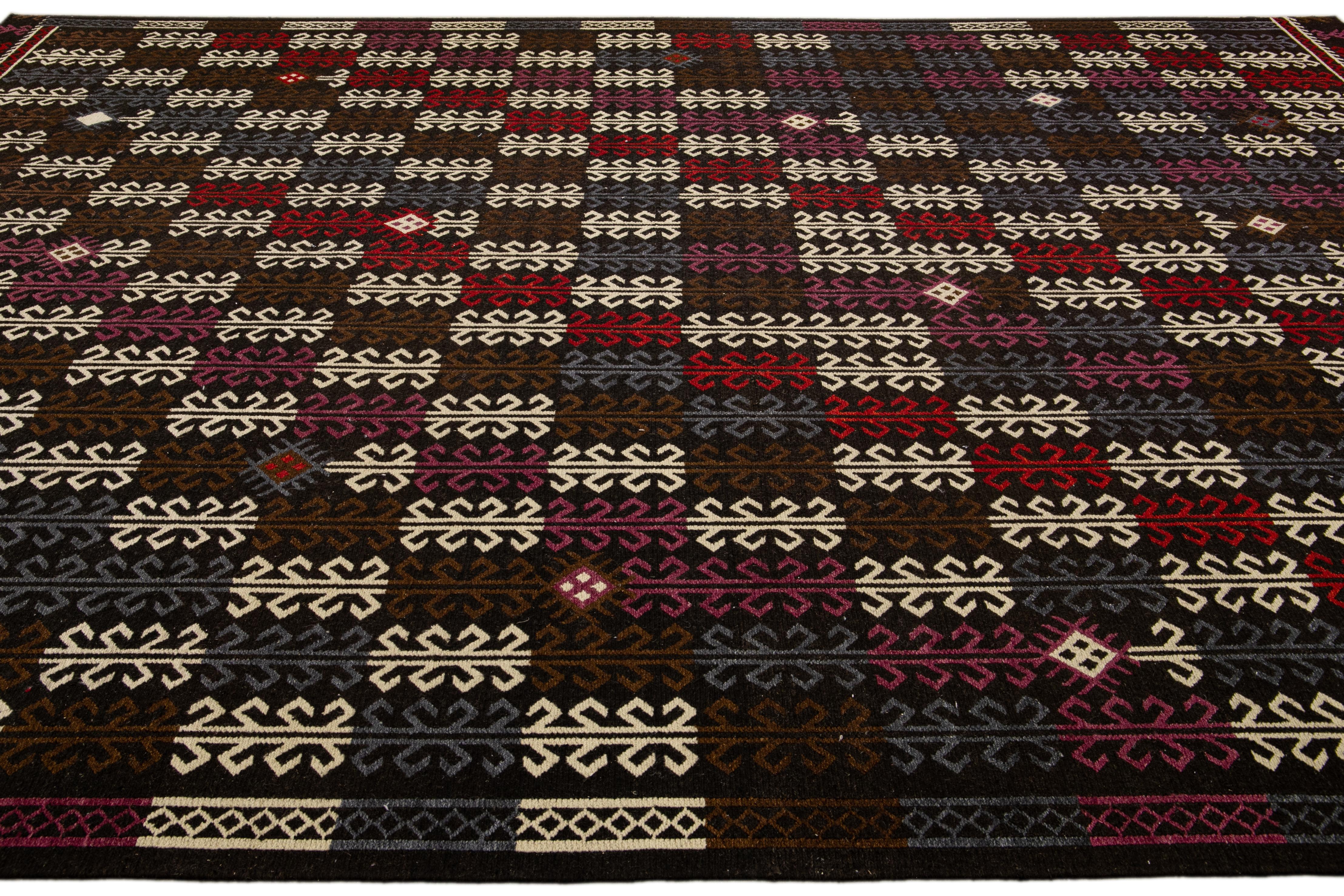 Hand-Knotted Modern Soumak Handmade Geometric Designed Brown Wool Rug For Sale