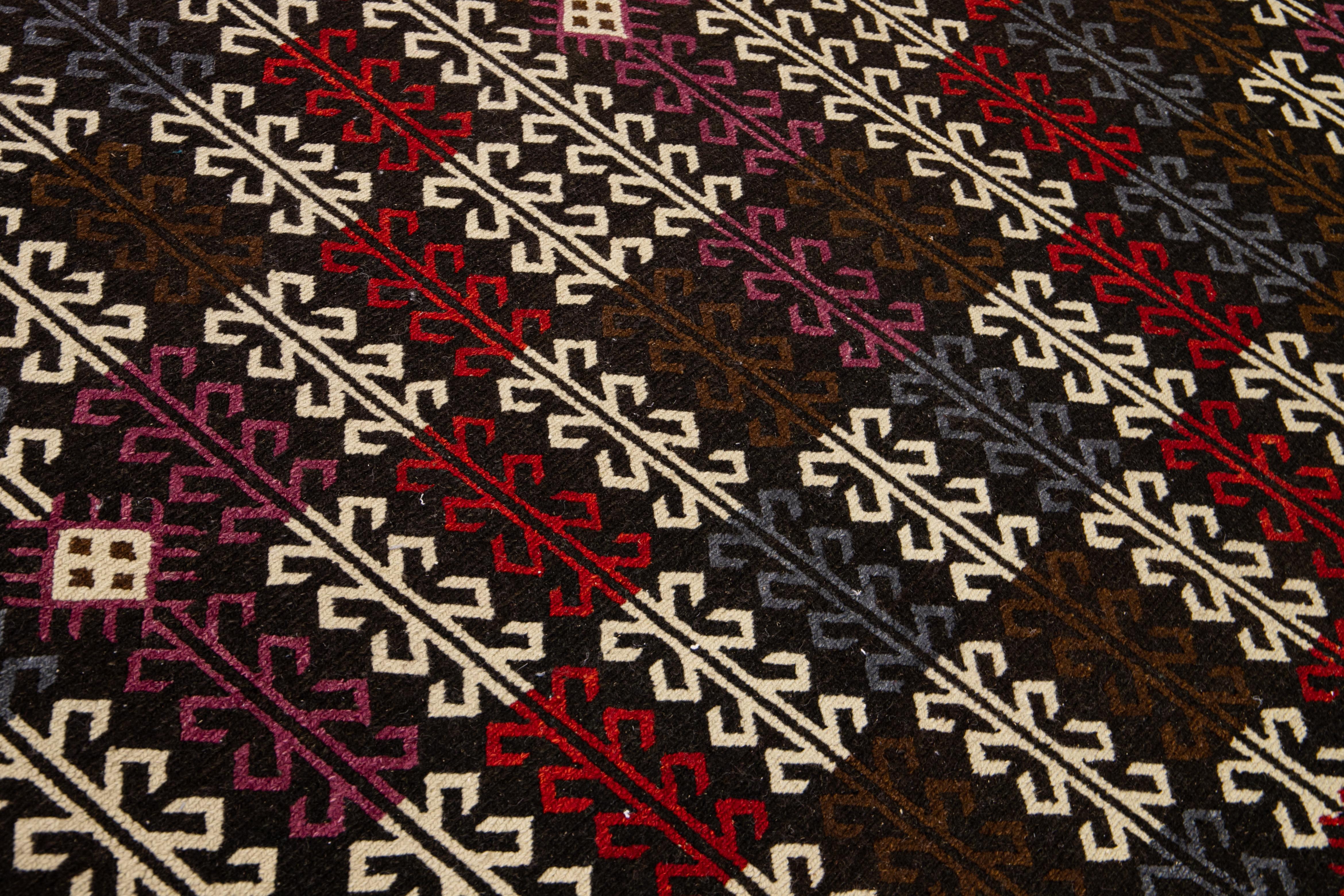 Modern Soumak Handmade Geometric Designed Brown Wool Rug In New Condition For Sale In Norwalk, CT
