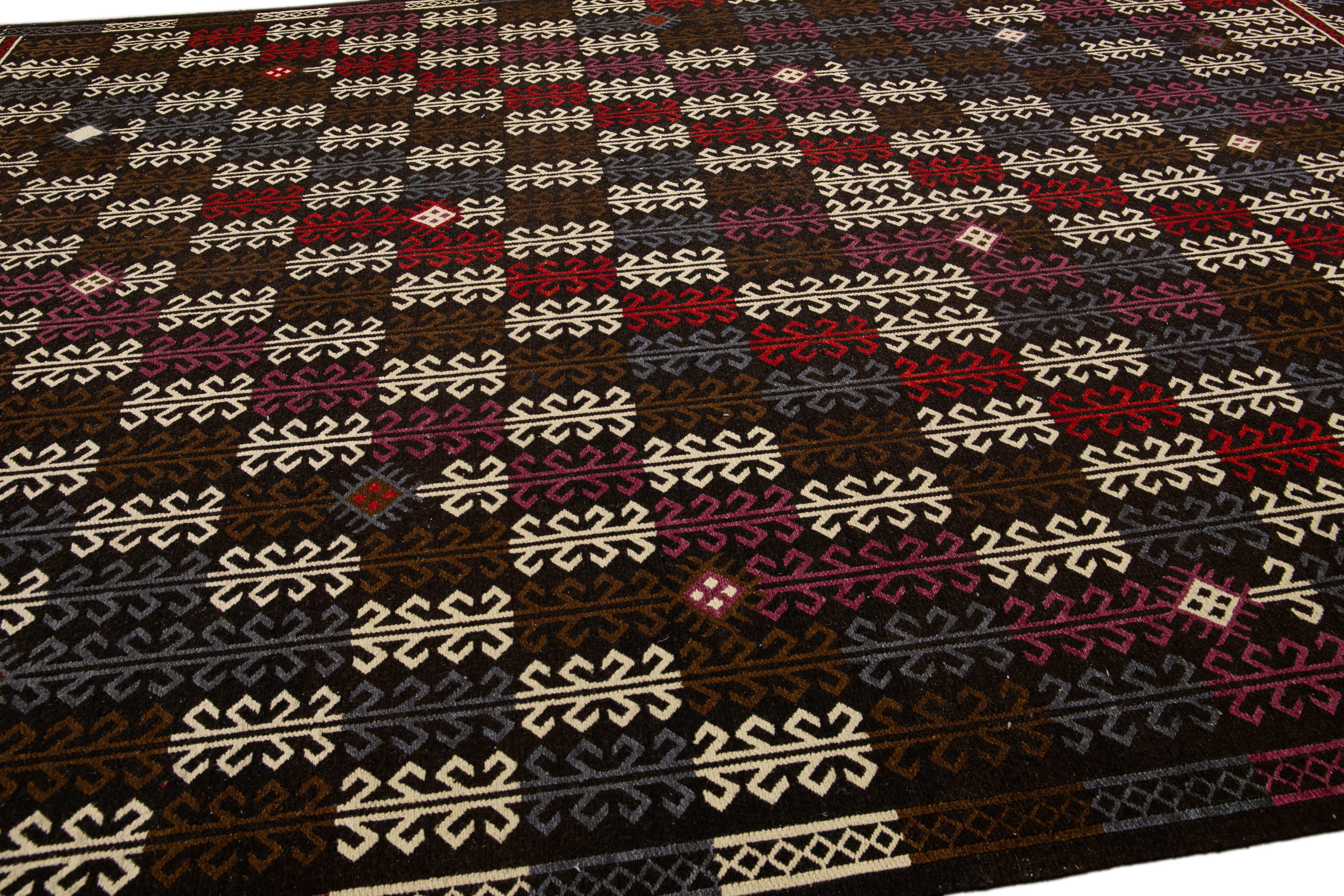 Contemporary Modern Soumak Handmade Geometric Designed Brown Wool Rug For Sale