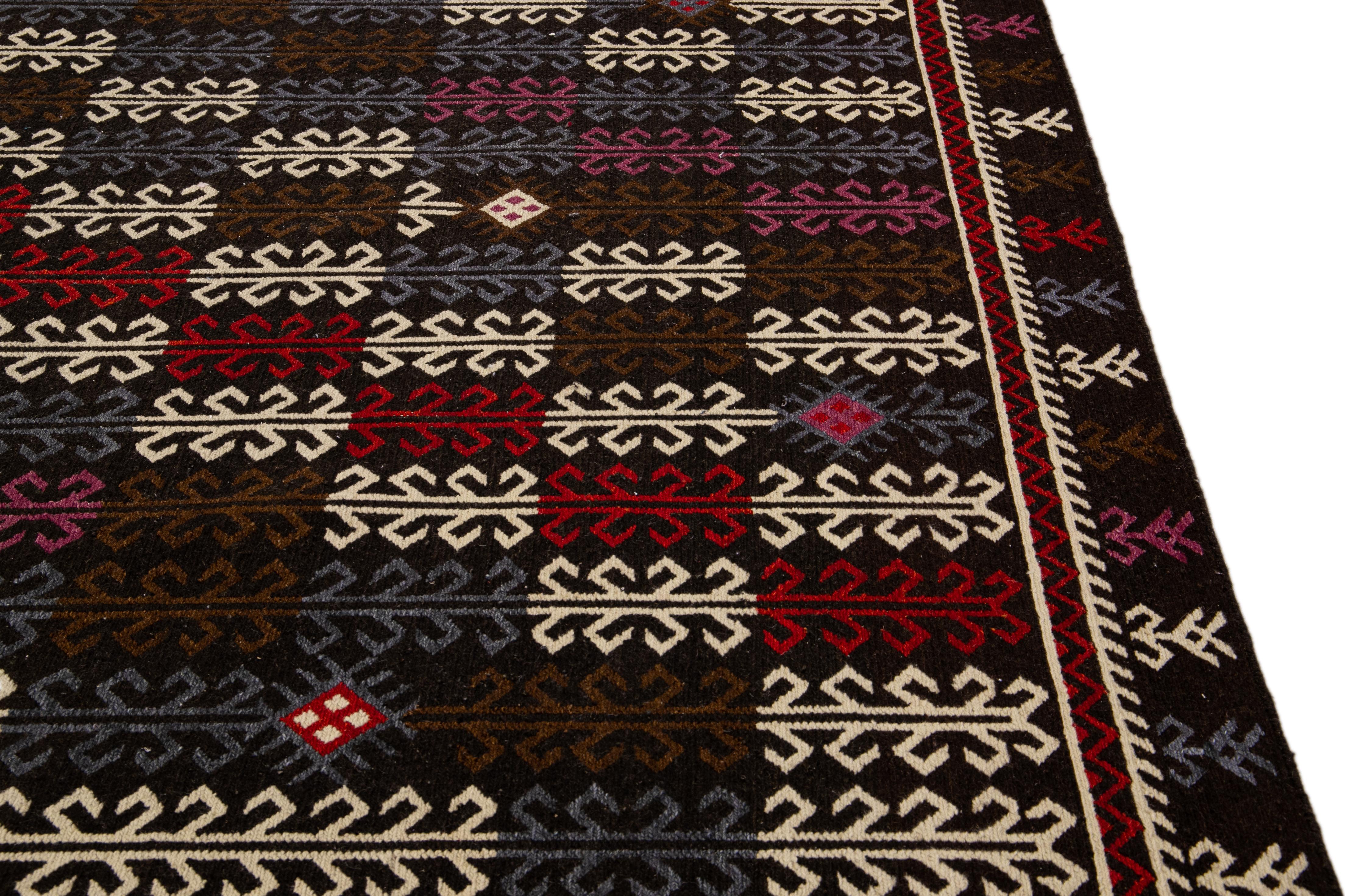 Modern Soumak Handmade Geometric Designed Brown Wool Rug For Sale 1