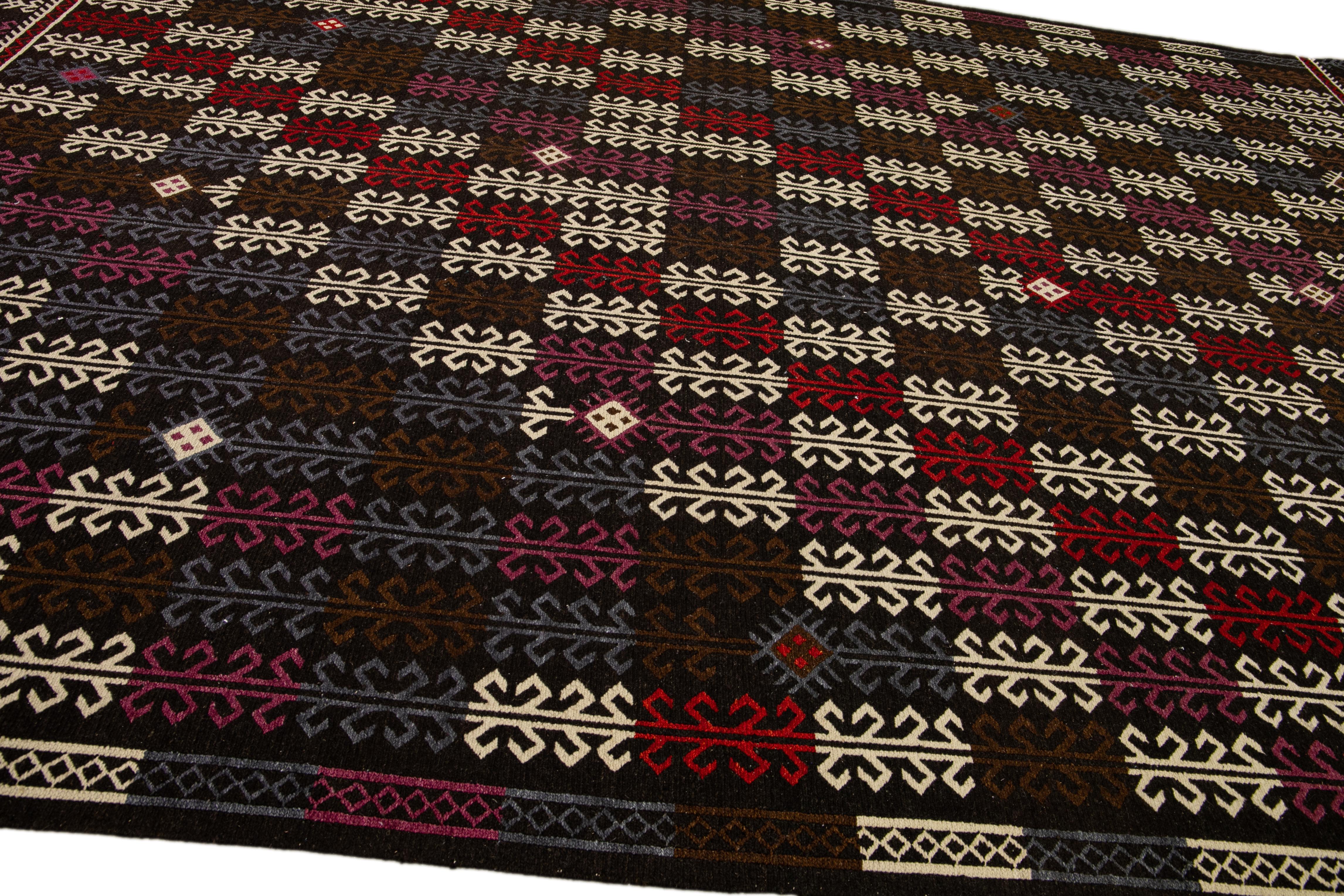 Modern Soumak Handmade Geometric Designed Brown Wool Rug For Sale 2