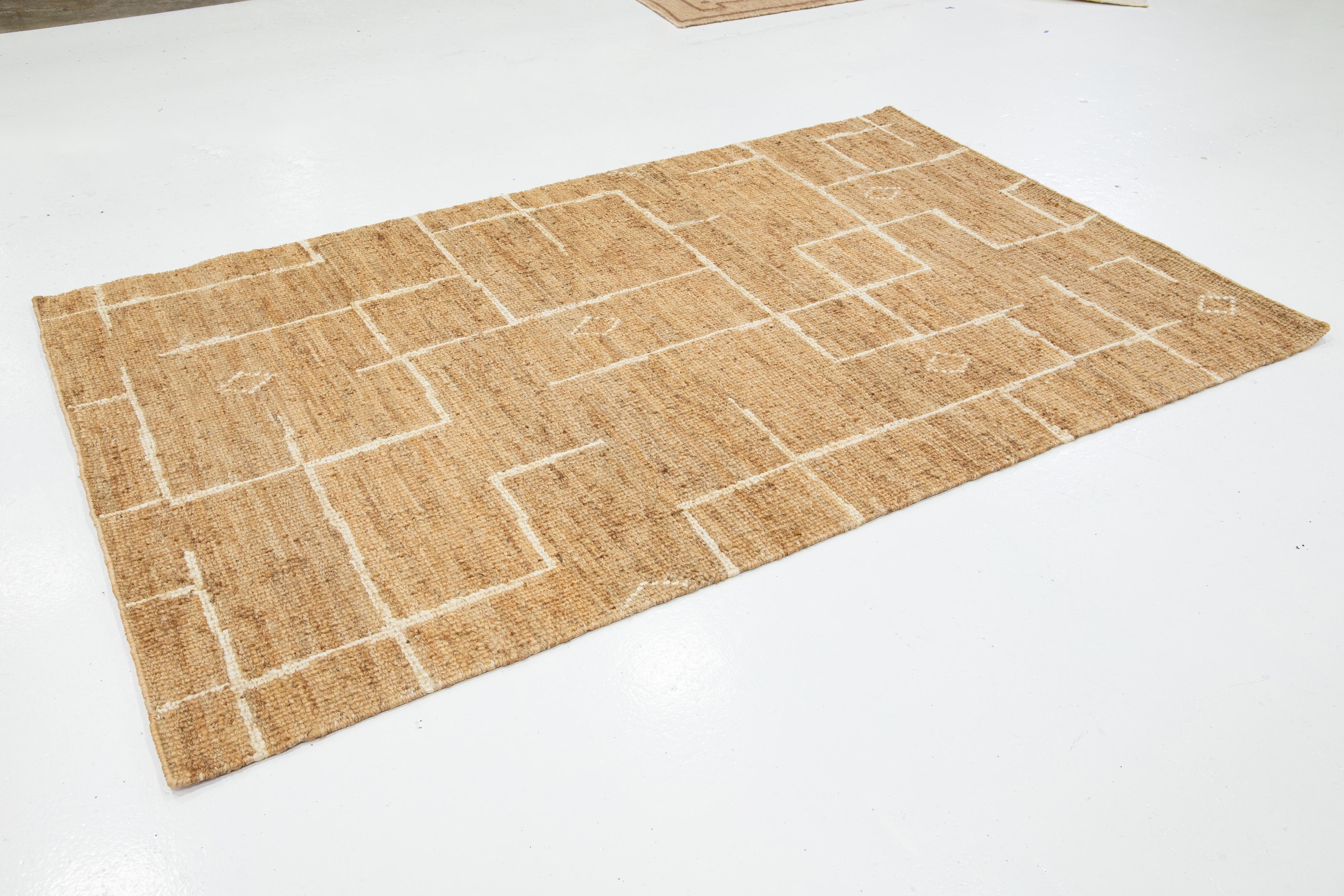 Indian Modern Soumak Natural Jute & Cotton Rug Handmade in Tan For Sale