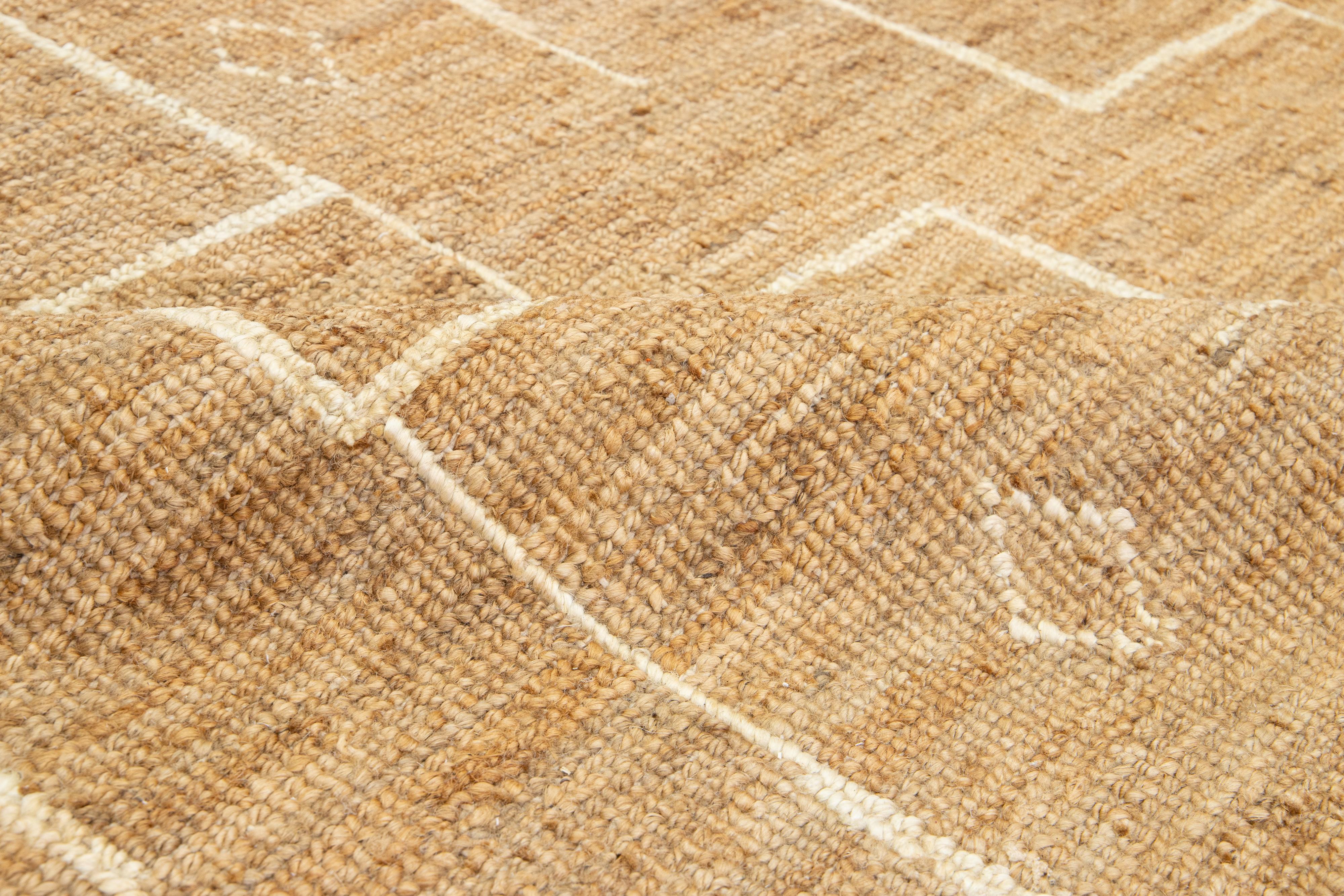 Hand-Woven Modern Soumak Natural Jute & Cotton Rug Handmade in Tan For Sale
