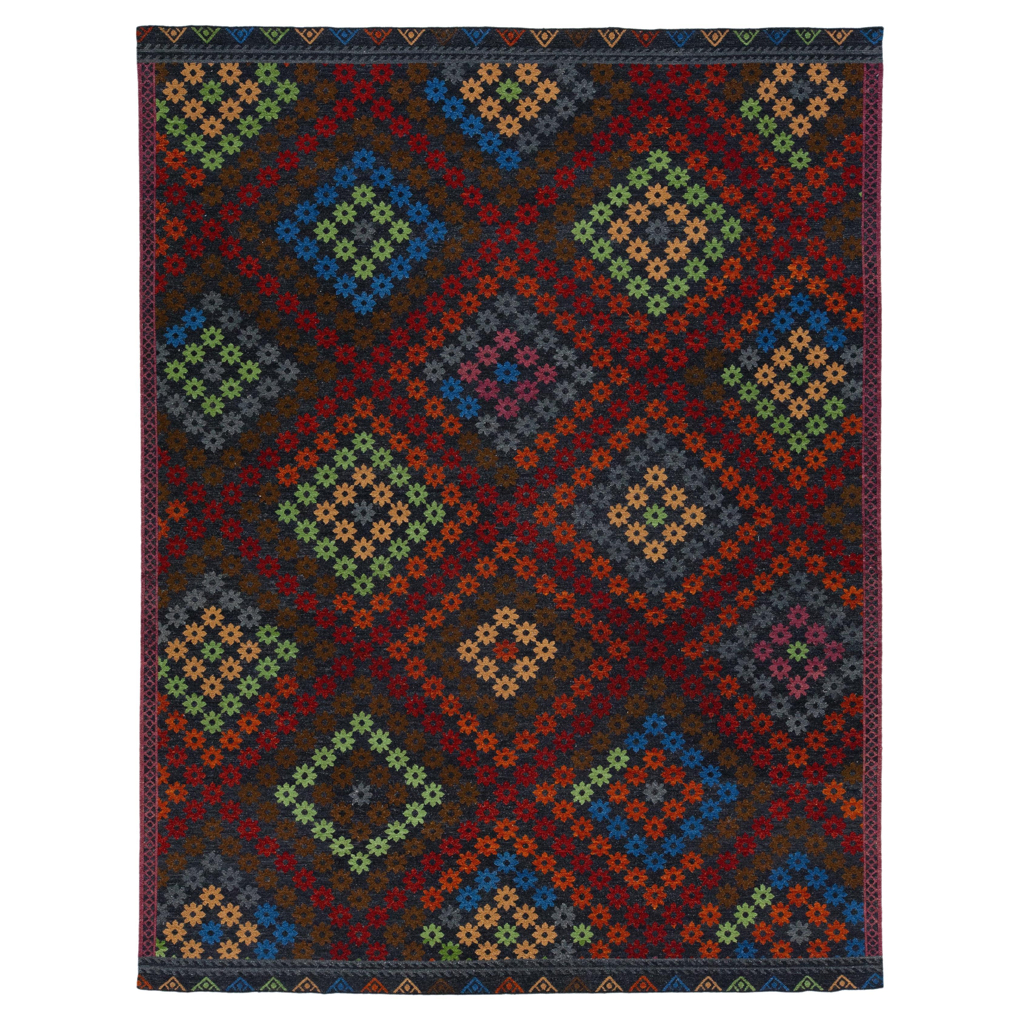 Tapis moderne Soumak fait à la main multicolore avec motifs géométriques