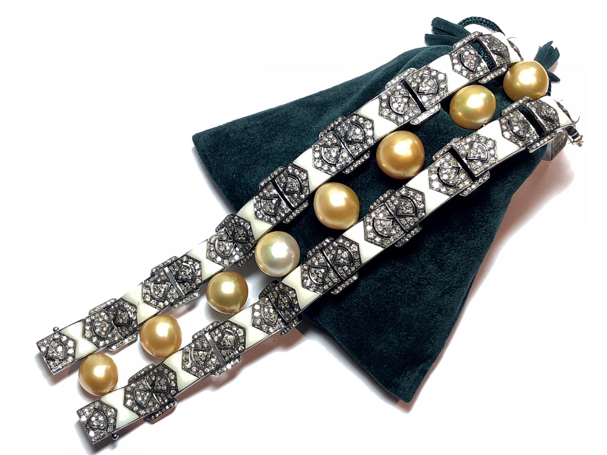 Round Cut Modern South Sea Pearl, Diamond, Bakelite, Silver and Gold Bracelet For Sale