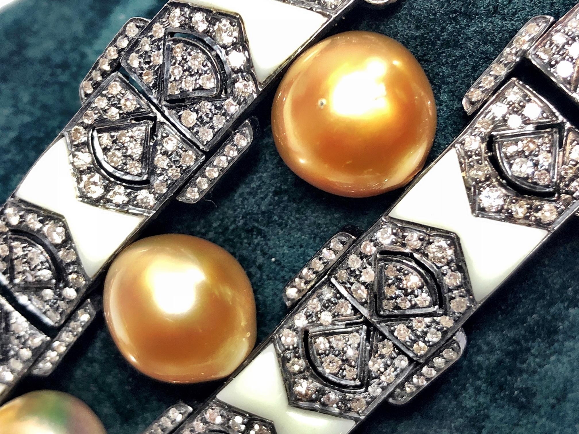 Women's Modern South Sea Pearl, Diamond, Bakelite, Silver and Gold Bracelet For Sale