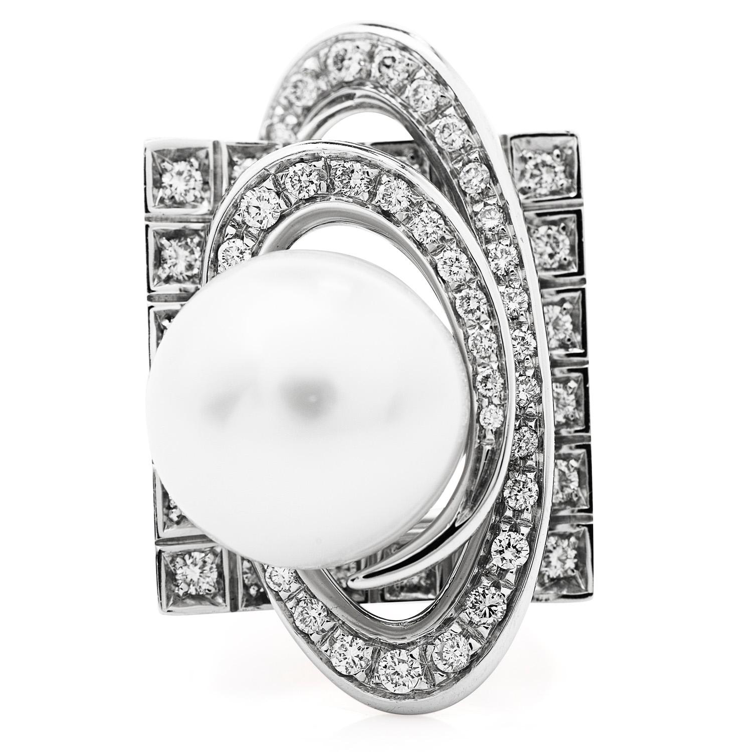 Accessorize to impress at your next cocktail party with this poignant lustrous White south sea pearl Round Cut Diamond Halo 18k white gold ring!  The large 13mm center pearl is surrounded by a classic diamond round cut halo. These remarkable