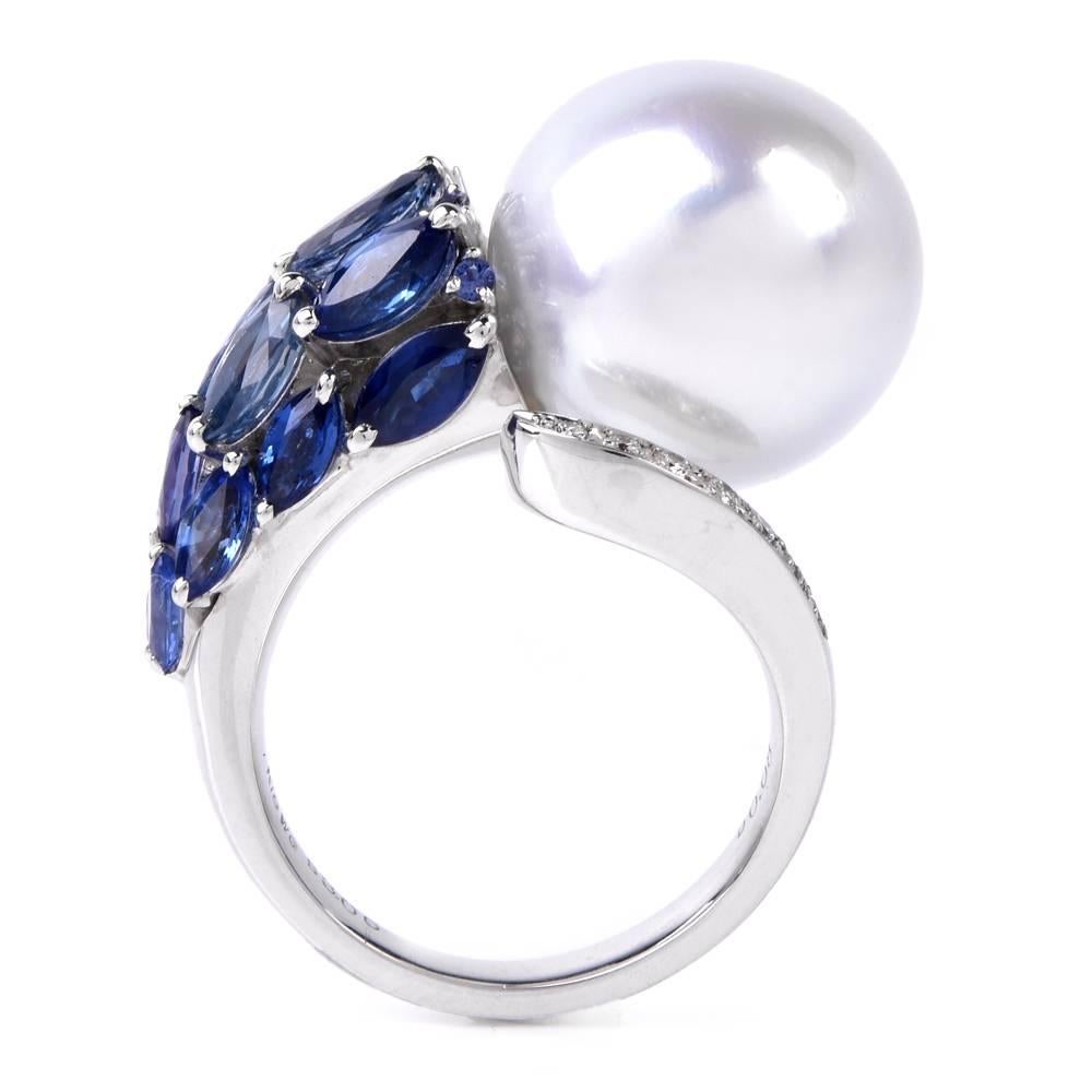 Modern South Sea Pearl Marquise Sapphire Diamond Cocktail Ring In Excellent Condition In Miami, FL