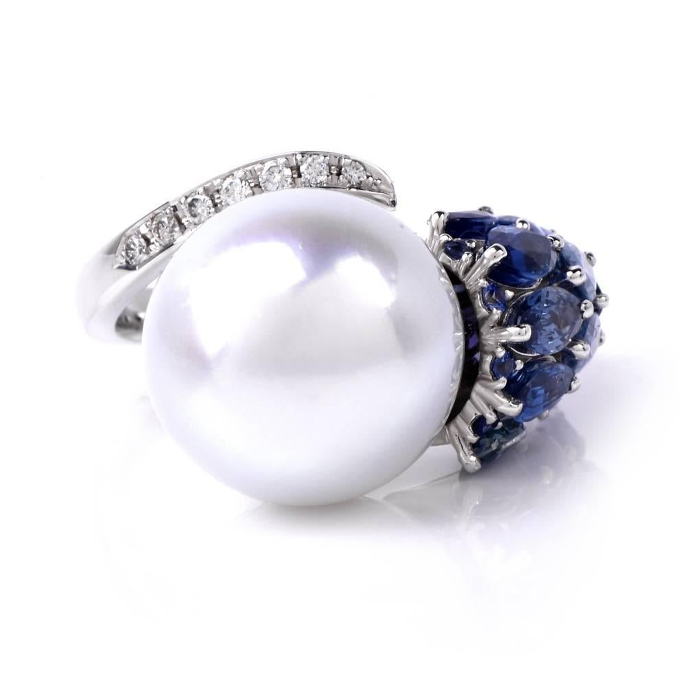 Modern South Sea Pearl Marquise Sapphire Diamond Cocktail Ring 1
