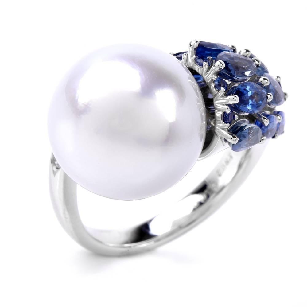 Modern South Sea Pearl Marquise Sapphire Diamond Cocktail Ring 3