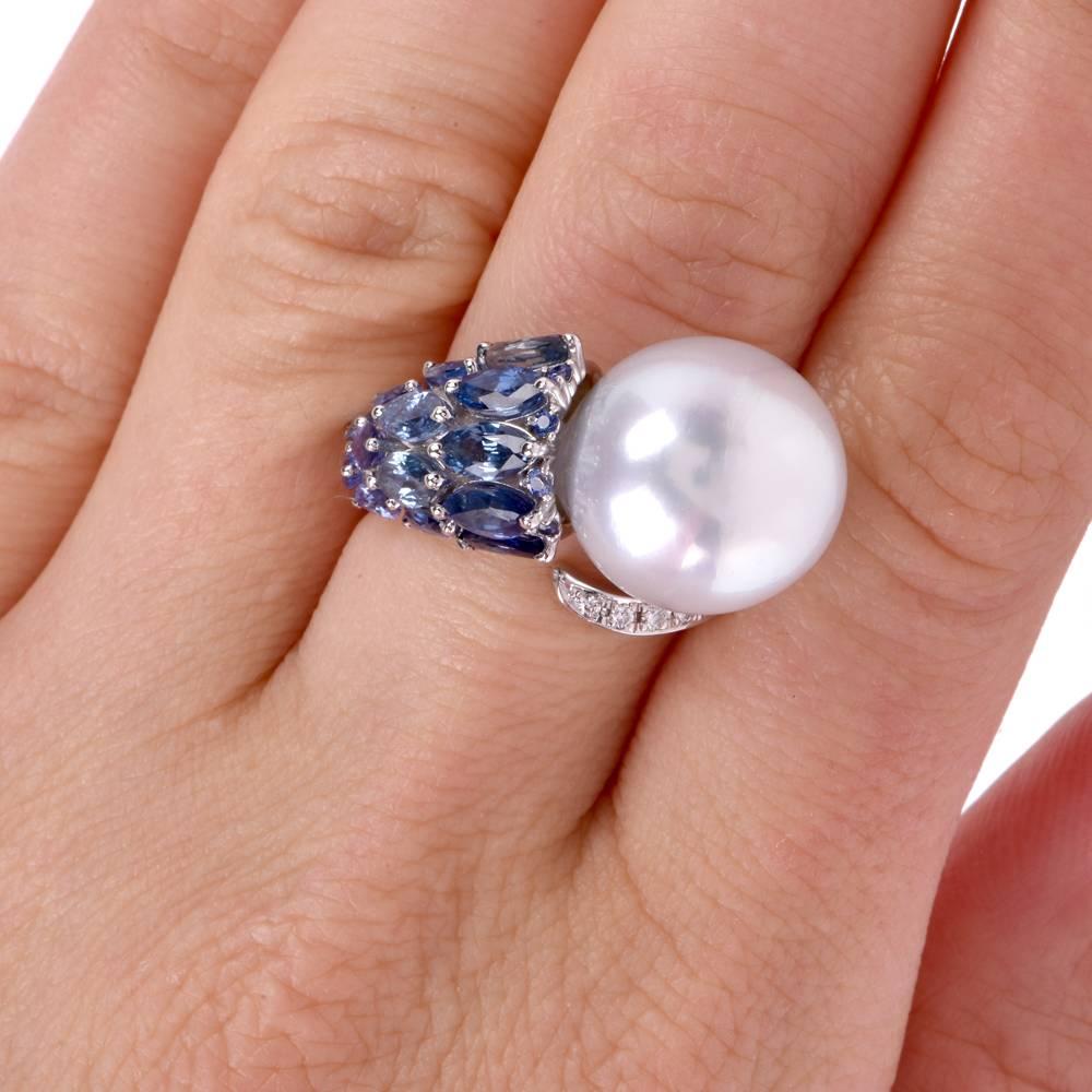 Modern South Sea Pearl Marquise Sapphire Diamond Cocktail Ring 5