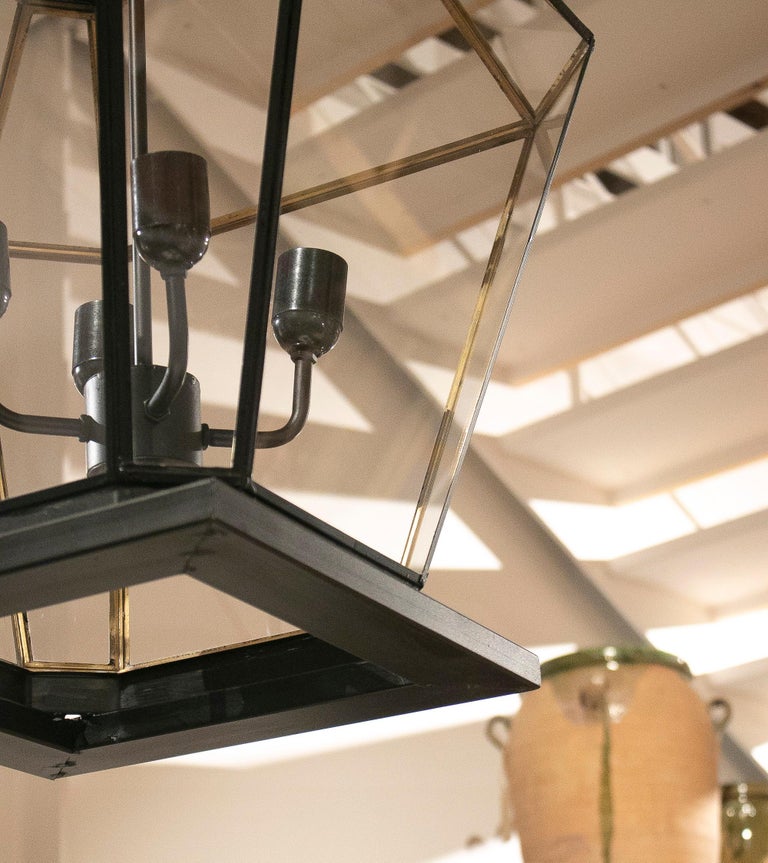 Modern Spanish Andalusian Style Wrought Iron Hanging Lamp w/ Glass For Sale at 1stDibs