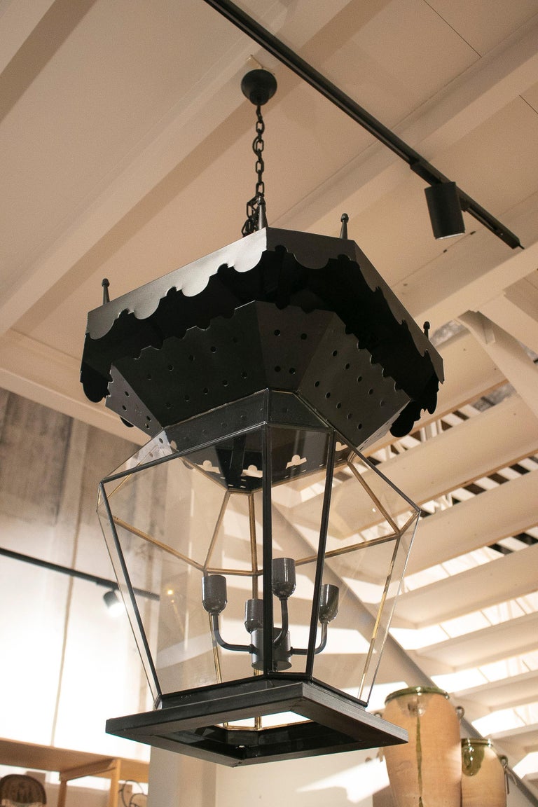 Modern Spanish Andalusian Style Wrought Iron Hanging Lamp w/ Glass For Sale at 1stDibs