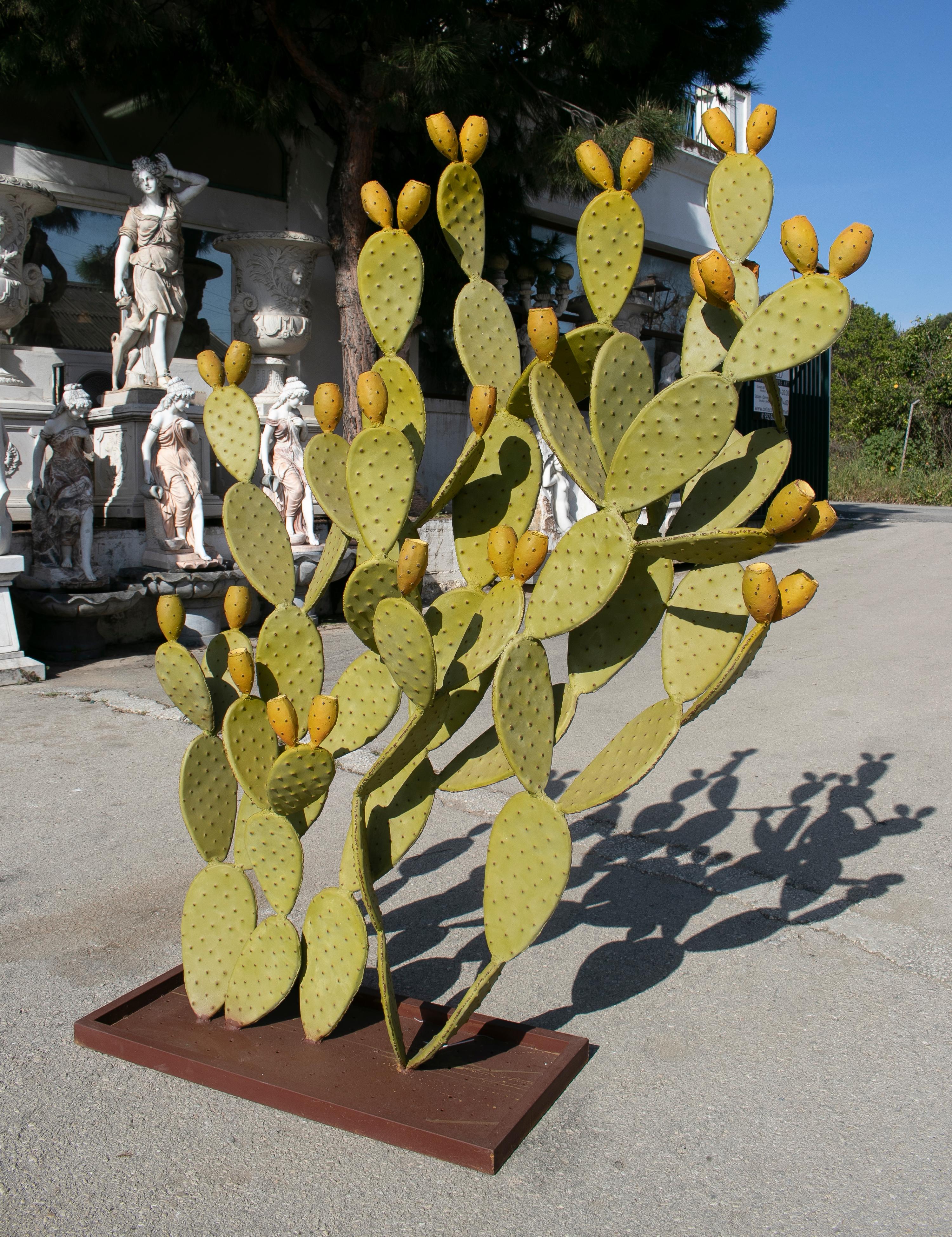 Modern Spanish hand painted cactus iron garden sculpture.
