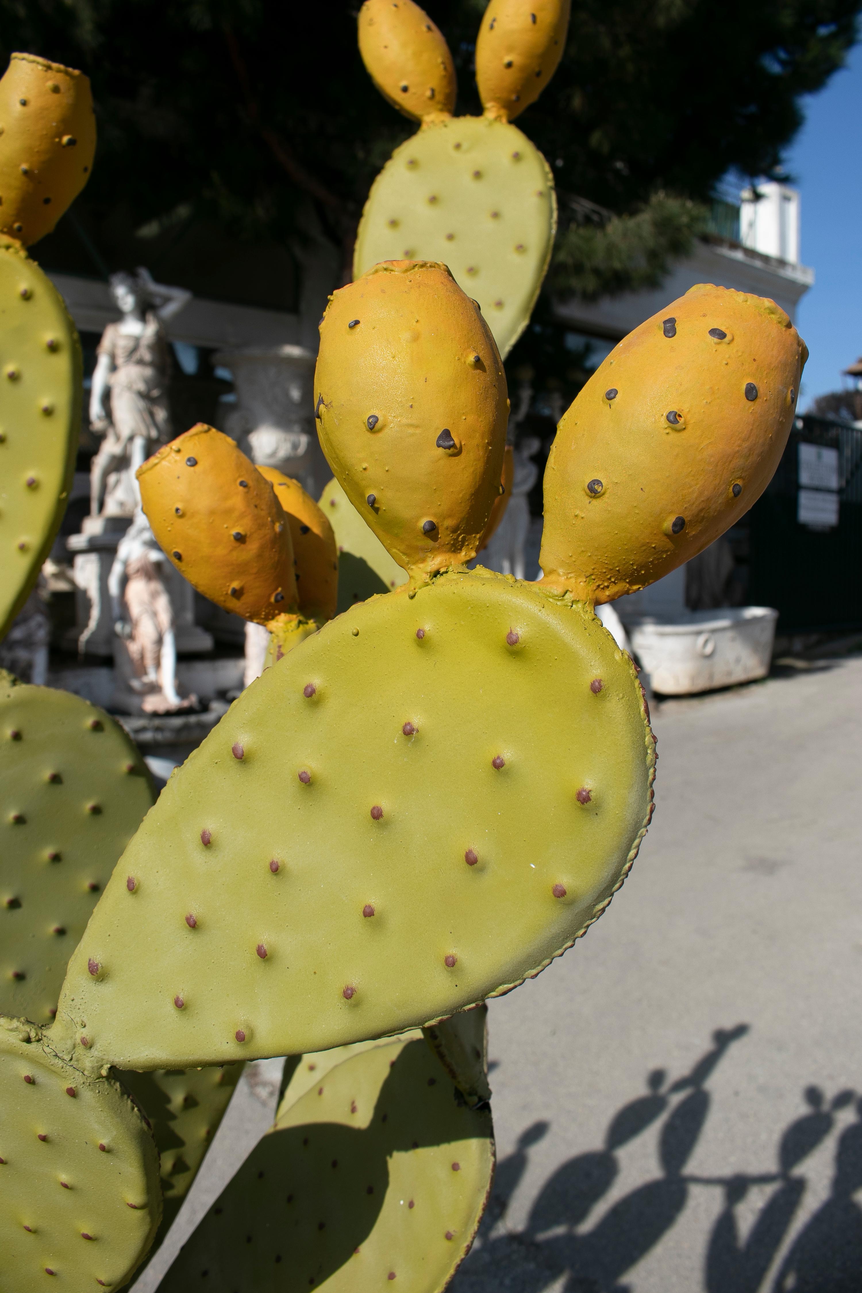 Contemporary Modern Spanish Hand Painted Cactus Iron Garden Sculpture For Sale