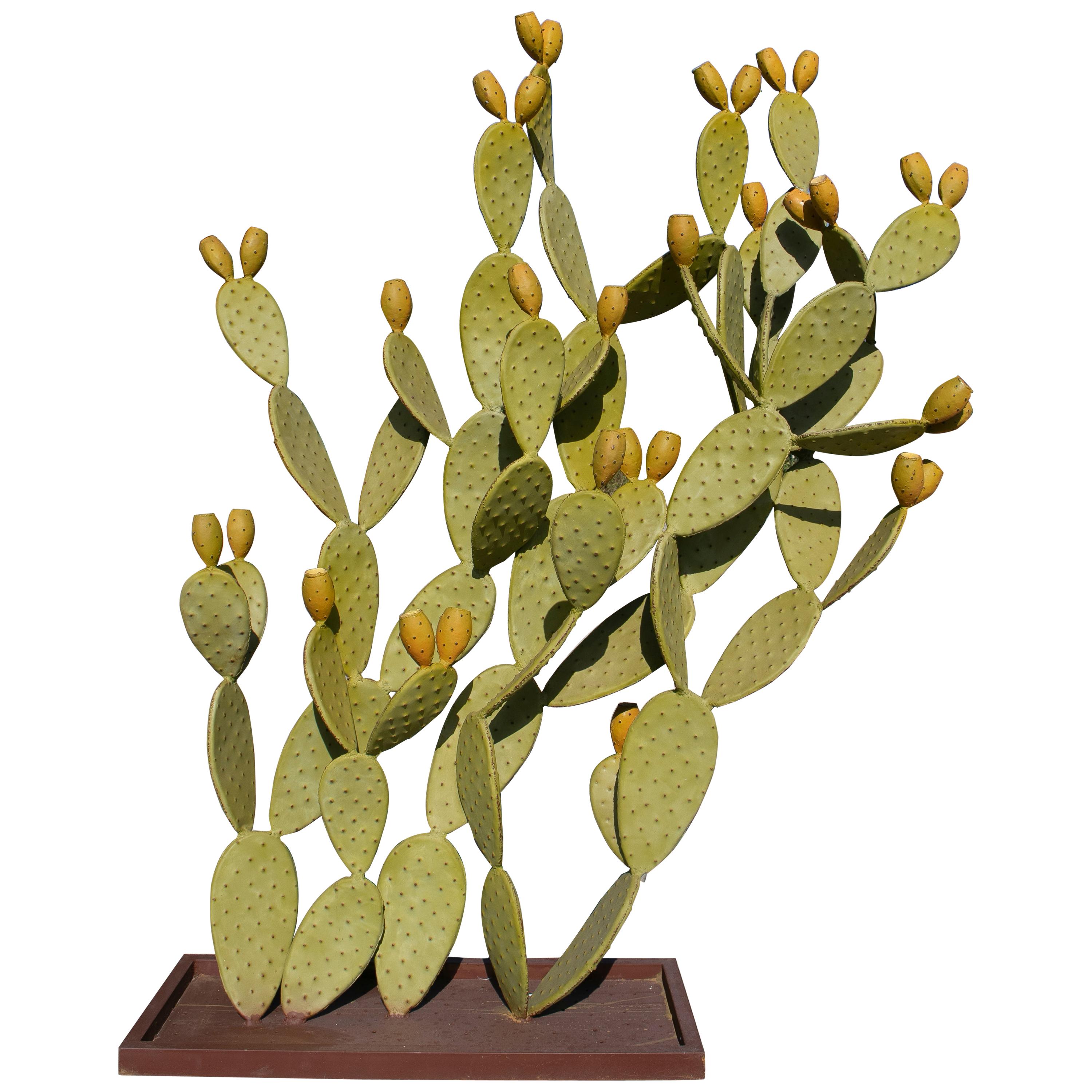 Modern Spanish Hand Painted Cactus Iron Garden Sculpture For Sale