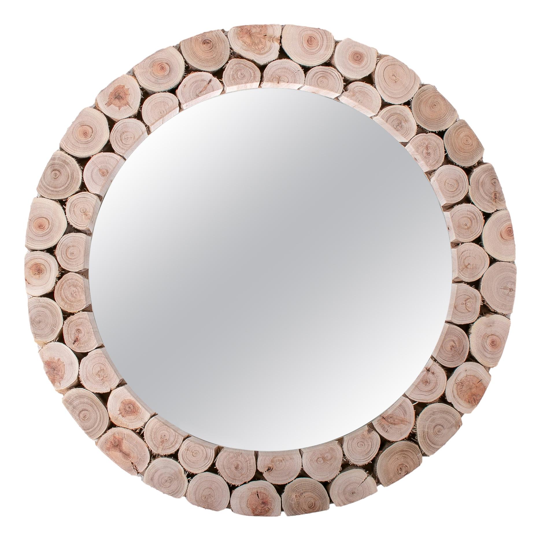 Modern Spanish Round Mirror w/ Hand Made Tree Trunk Mosaic Frame