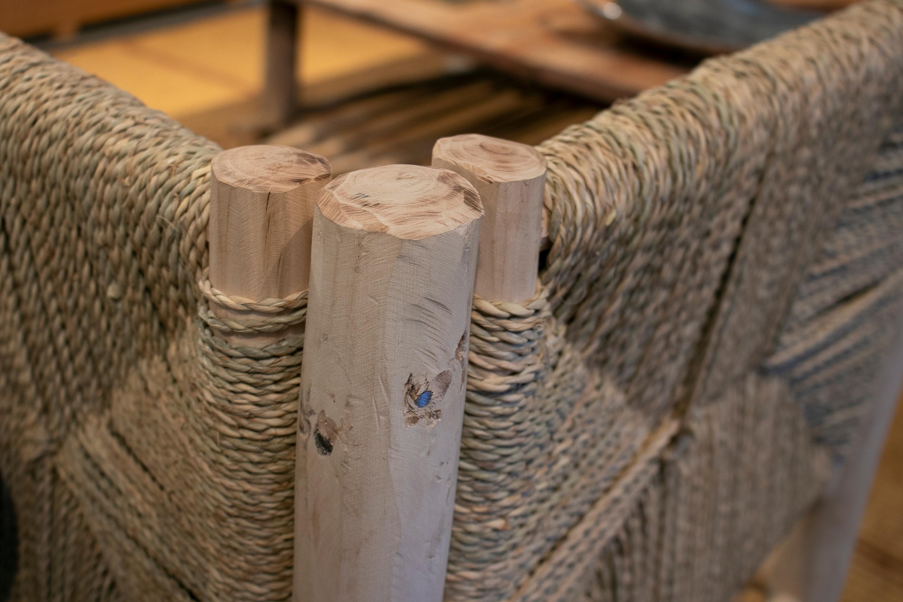Modern Spanish Rustic 3-Seater Hand Woven Hemp Rope Wooden Sofa 9