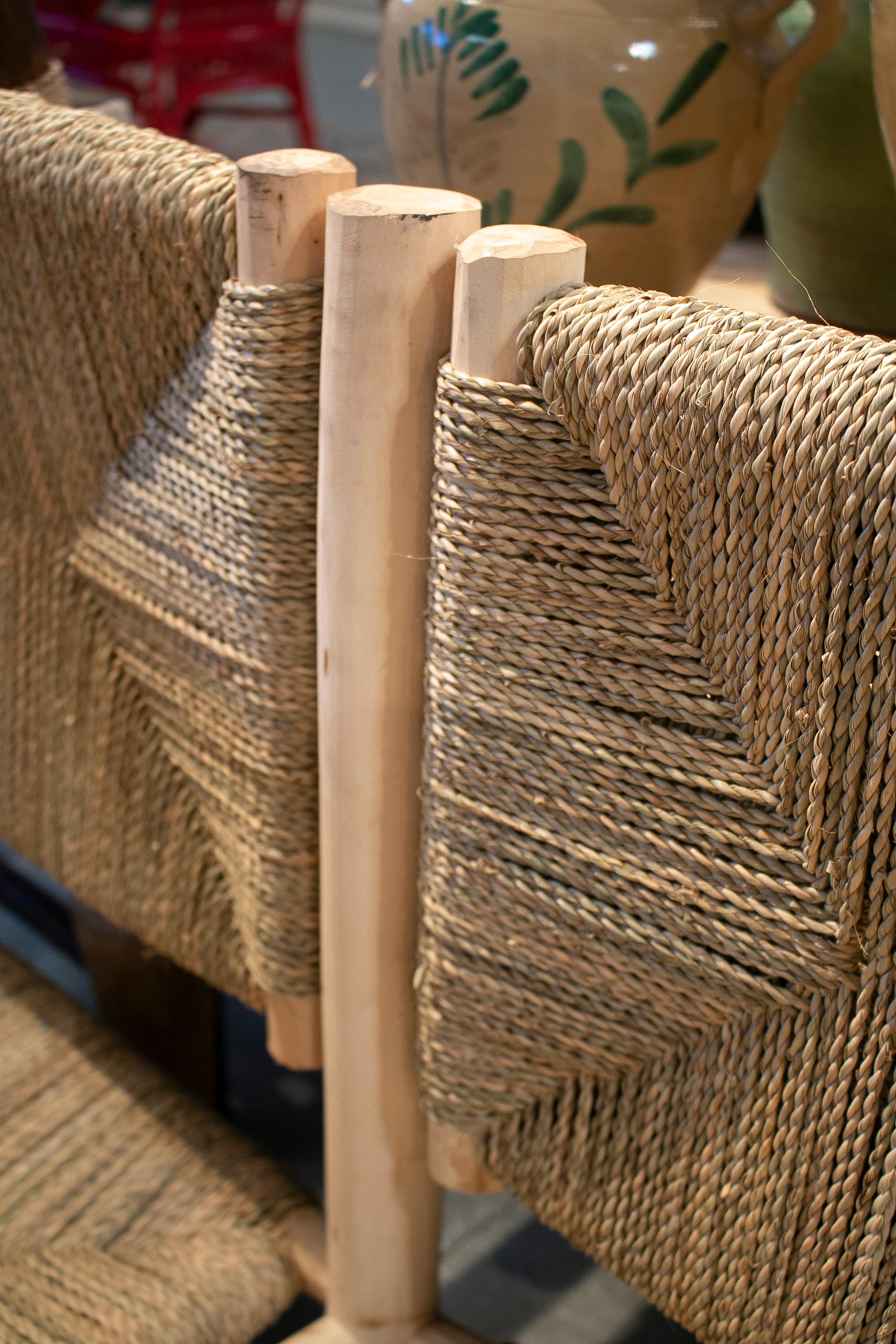 Modern Spanish Rustic 3-Seater Hand Woven Hemp Rope Wooden Sofa 10